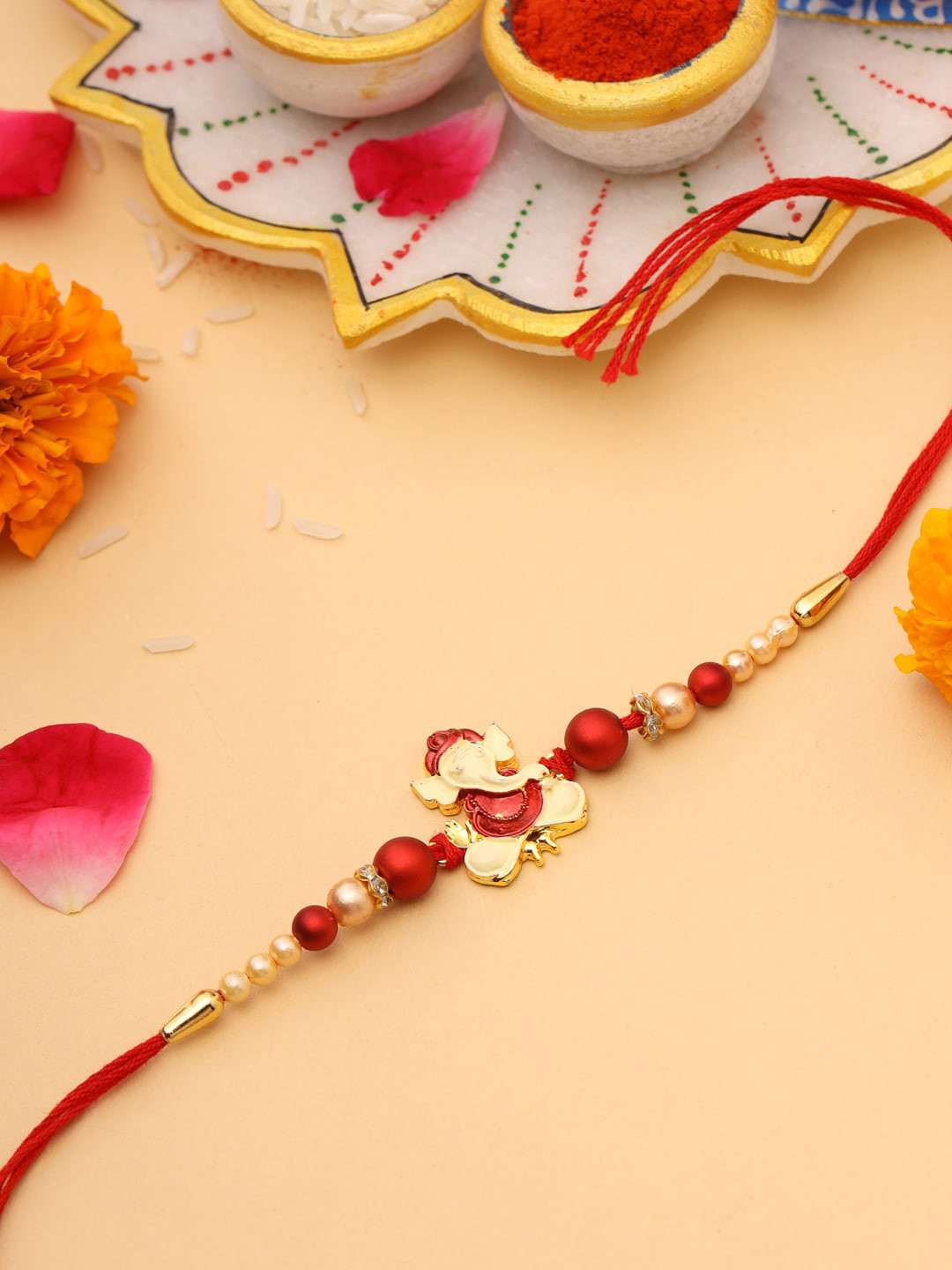 VIRAASI Men Red & Gold Religious Lord Ganesha Thread Rakhi