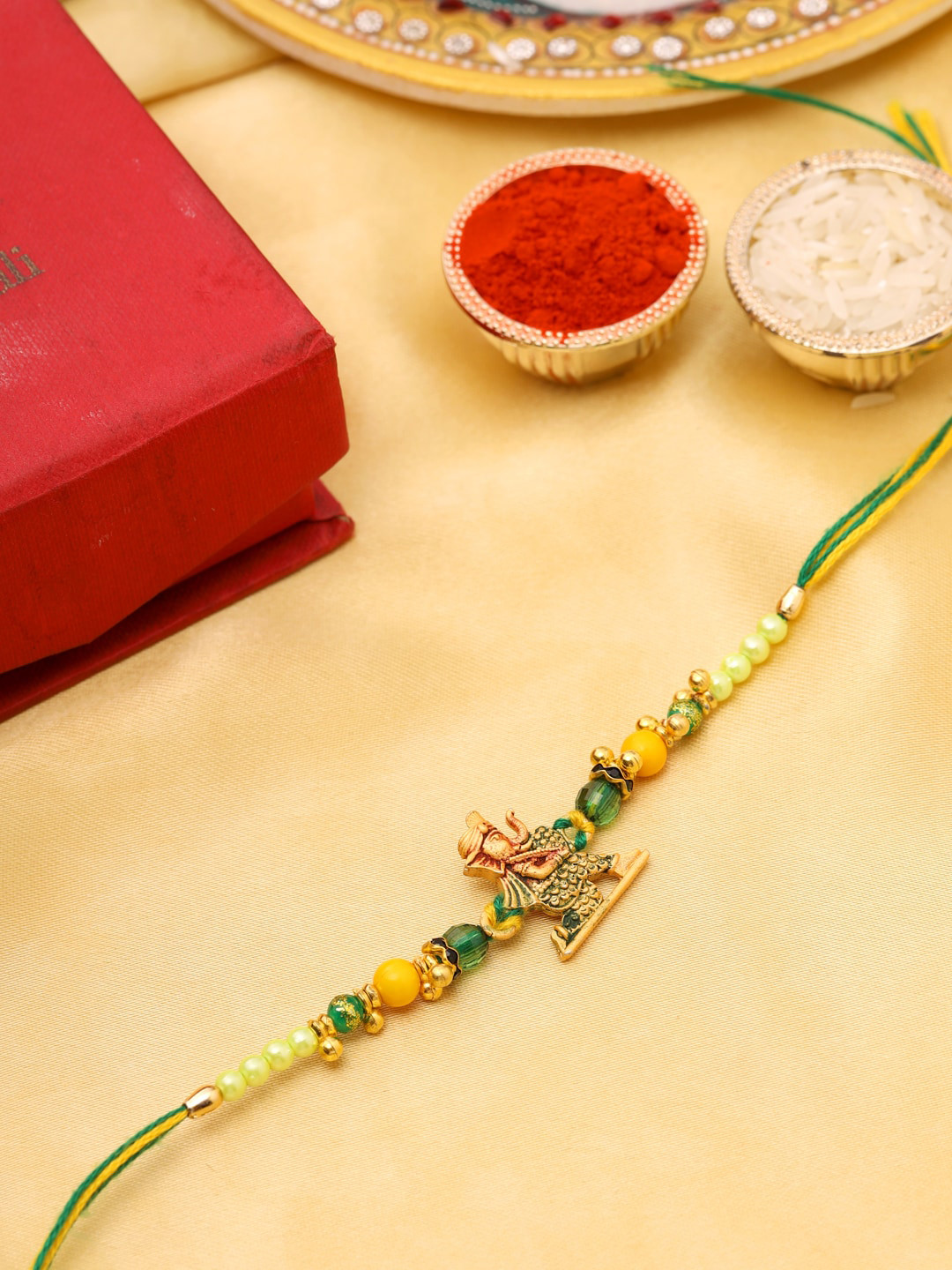 VIRAASI Men Gold-Toned Lord Ganesha Design Detailed & Beaded Wraparound Rakhi