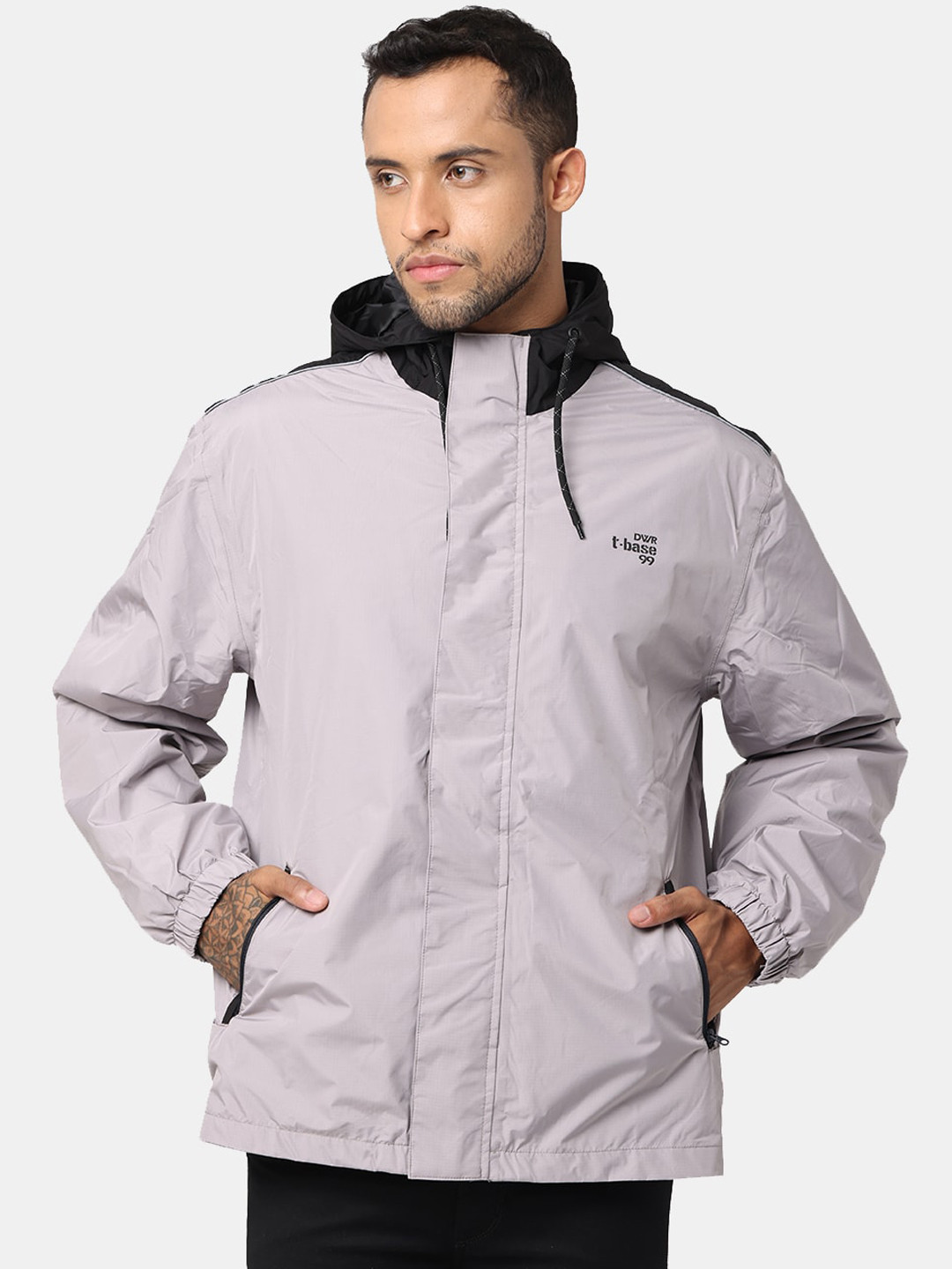 t-base Men Beige & Black Solid Hooded Rain Jacket