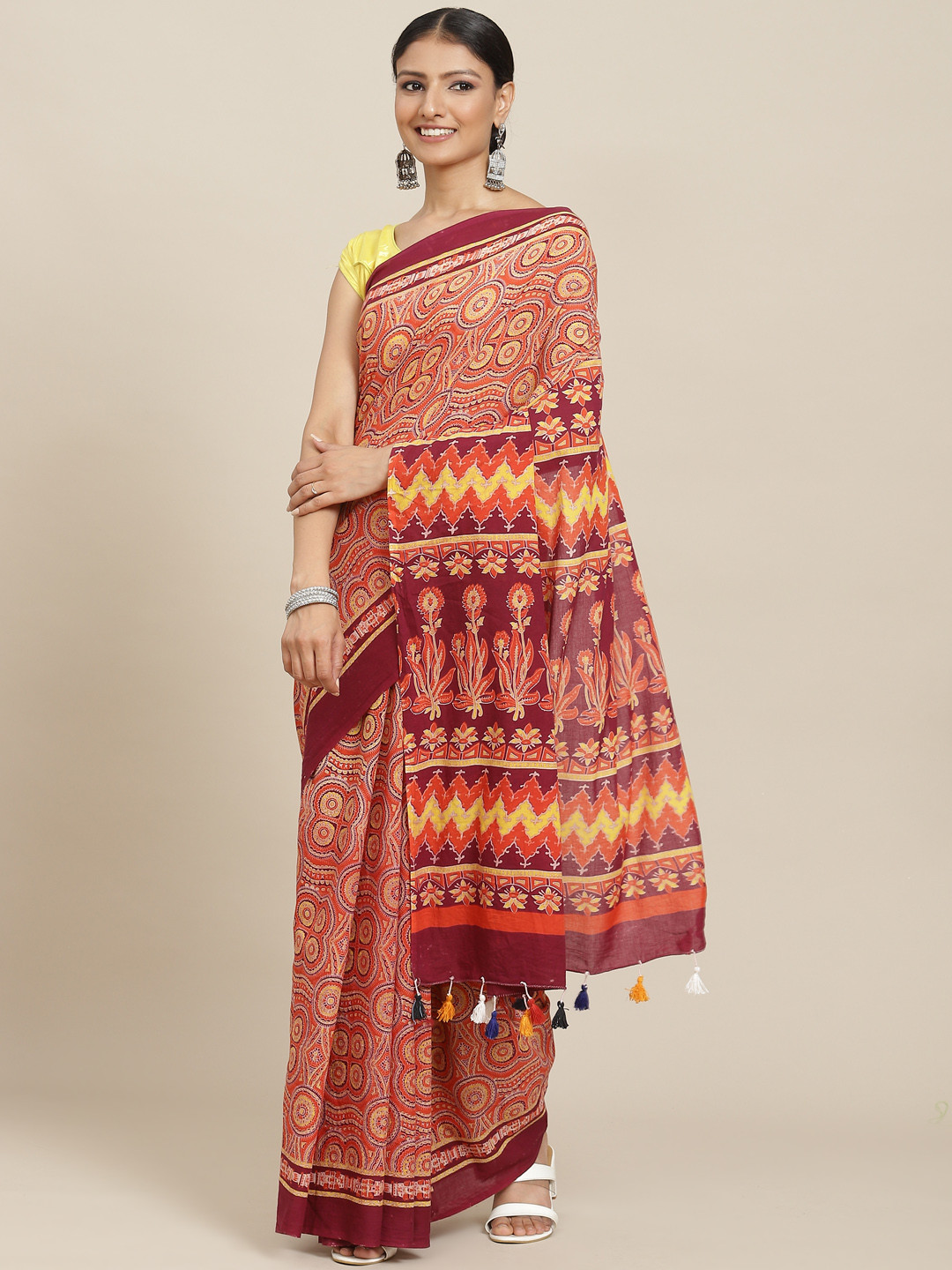 ADITRI Handloom Orange & Red Pure Cotton Block Print Saree