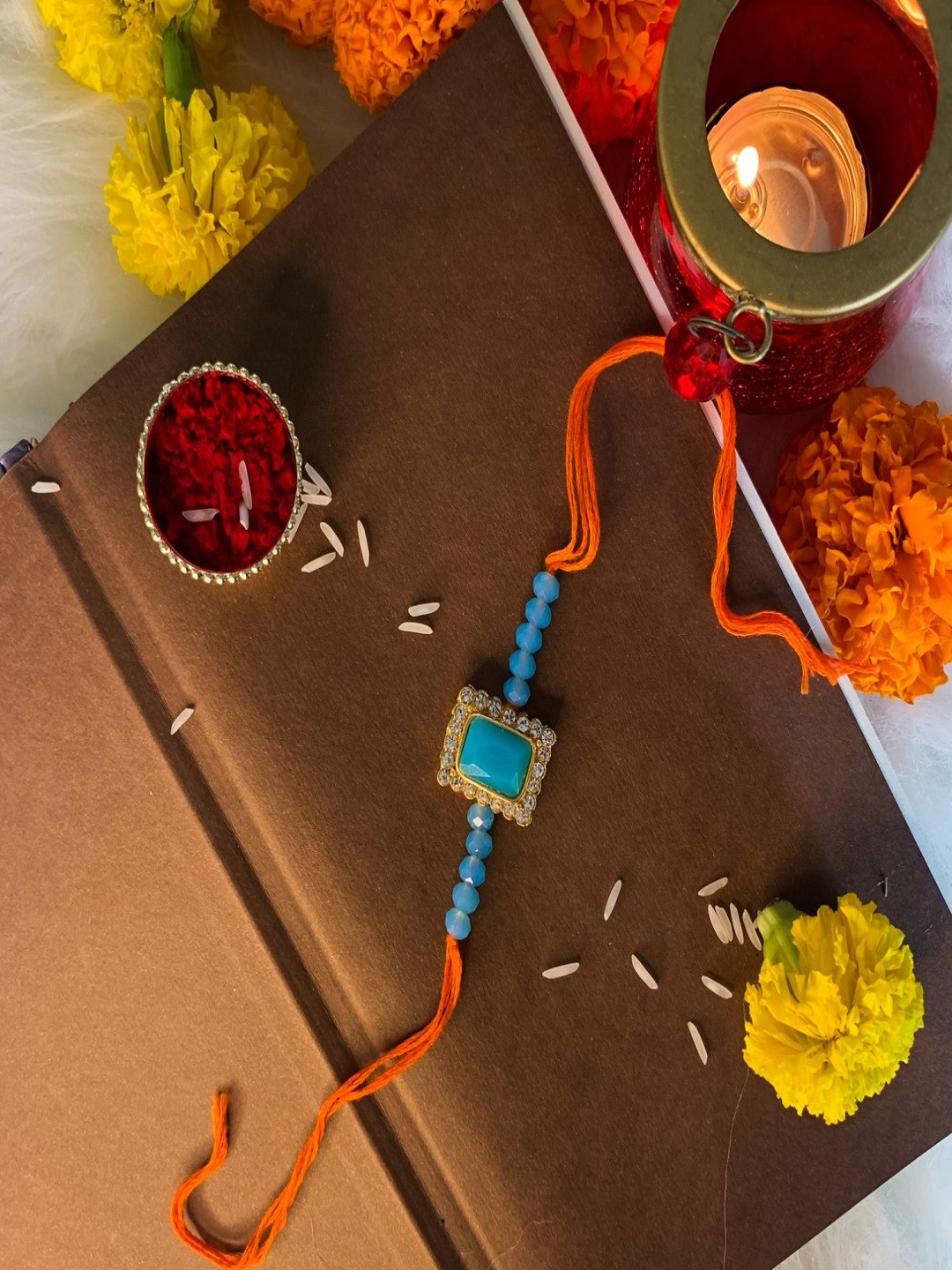 I Jewels Turquoise Blue Pearl Beads Studded Rakhi