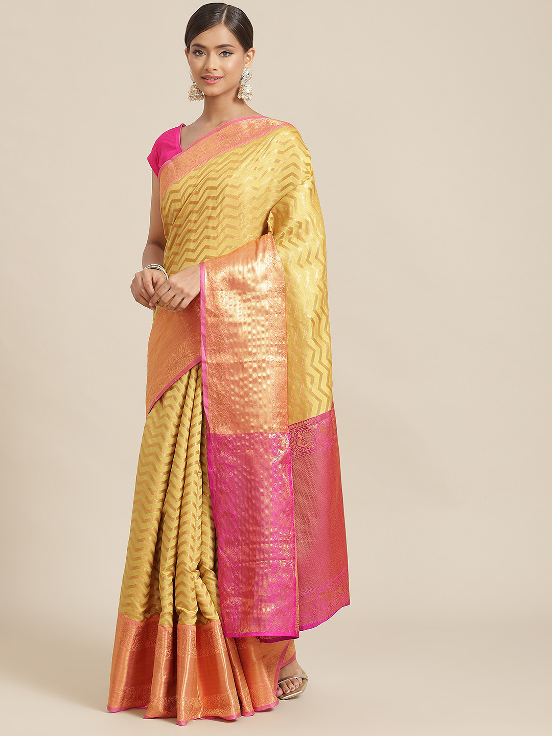 Silk Land Yellow & Pink Zari Silk Blend Banarasi Saree