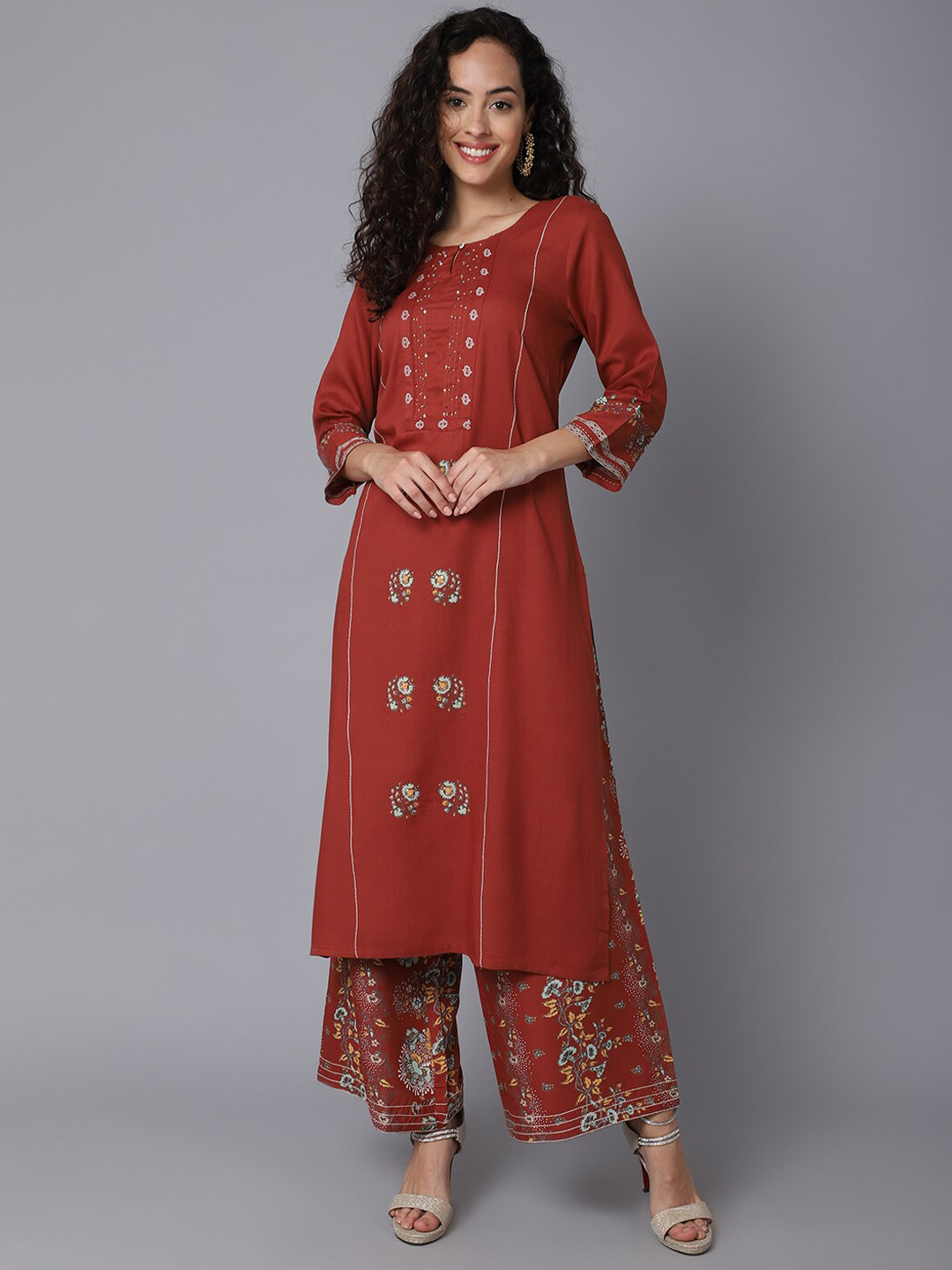 Cantabil Women Rust Ethnic Motifs Printed Panelled Kurti with Palazzos