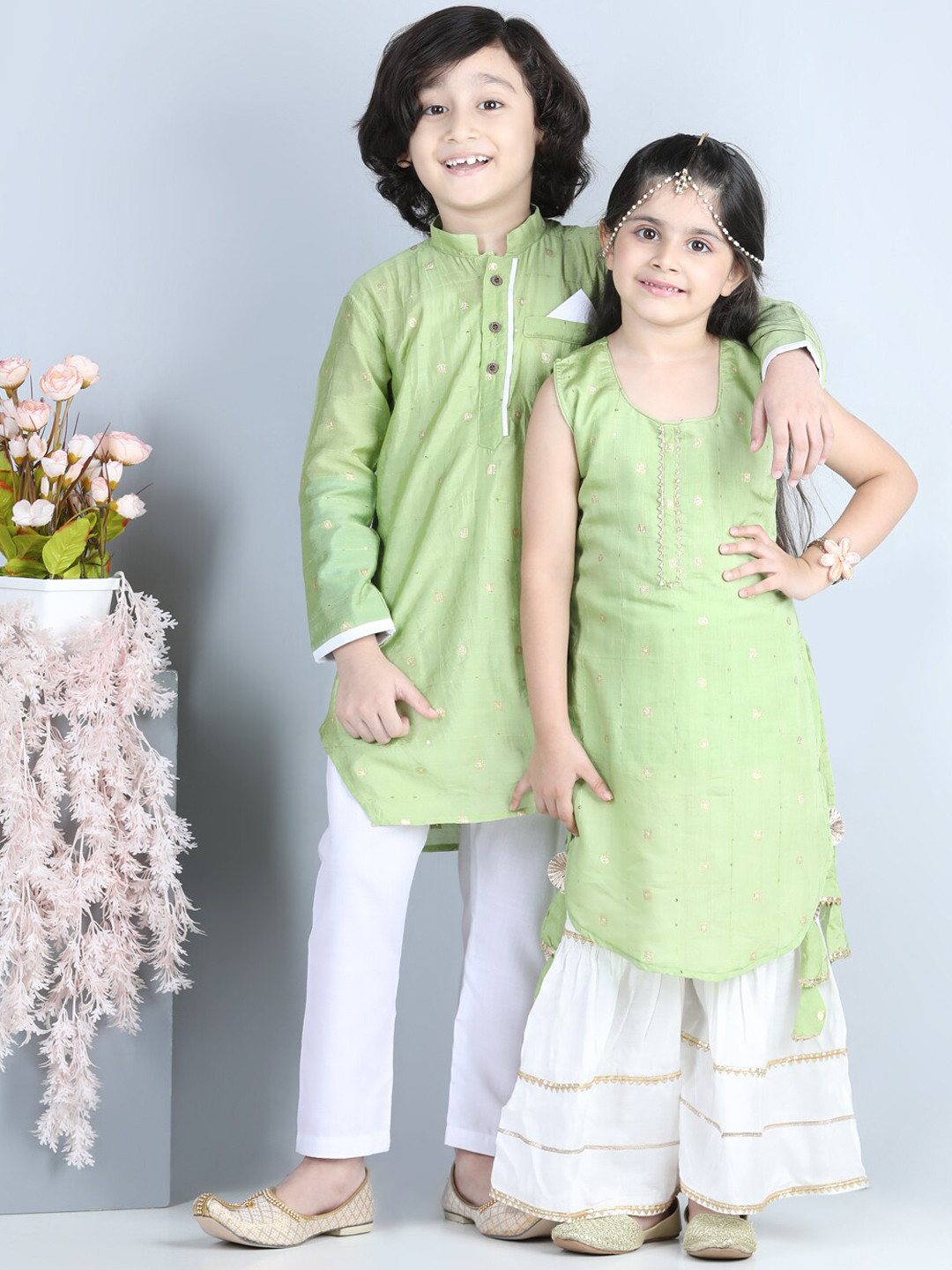 Here&Now X Kinder Kids Boys Green Kurta with Palazzos