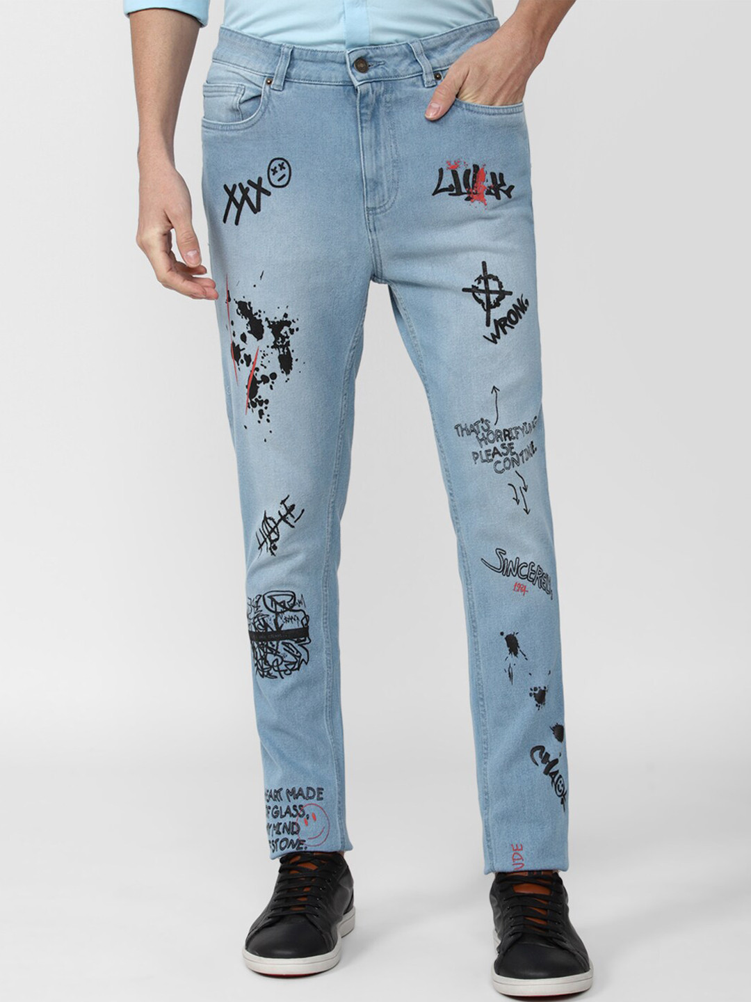 FOREVER 21 Men Blue Jean Mildly Distressed Printed Jeans