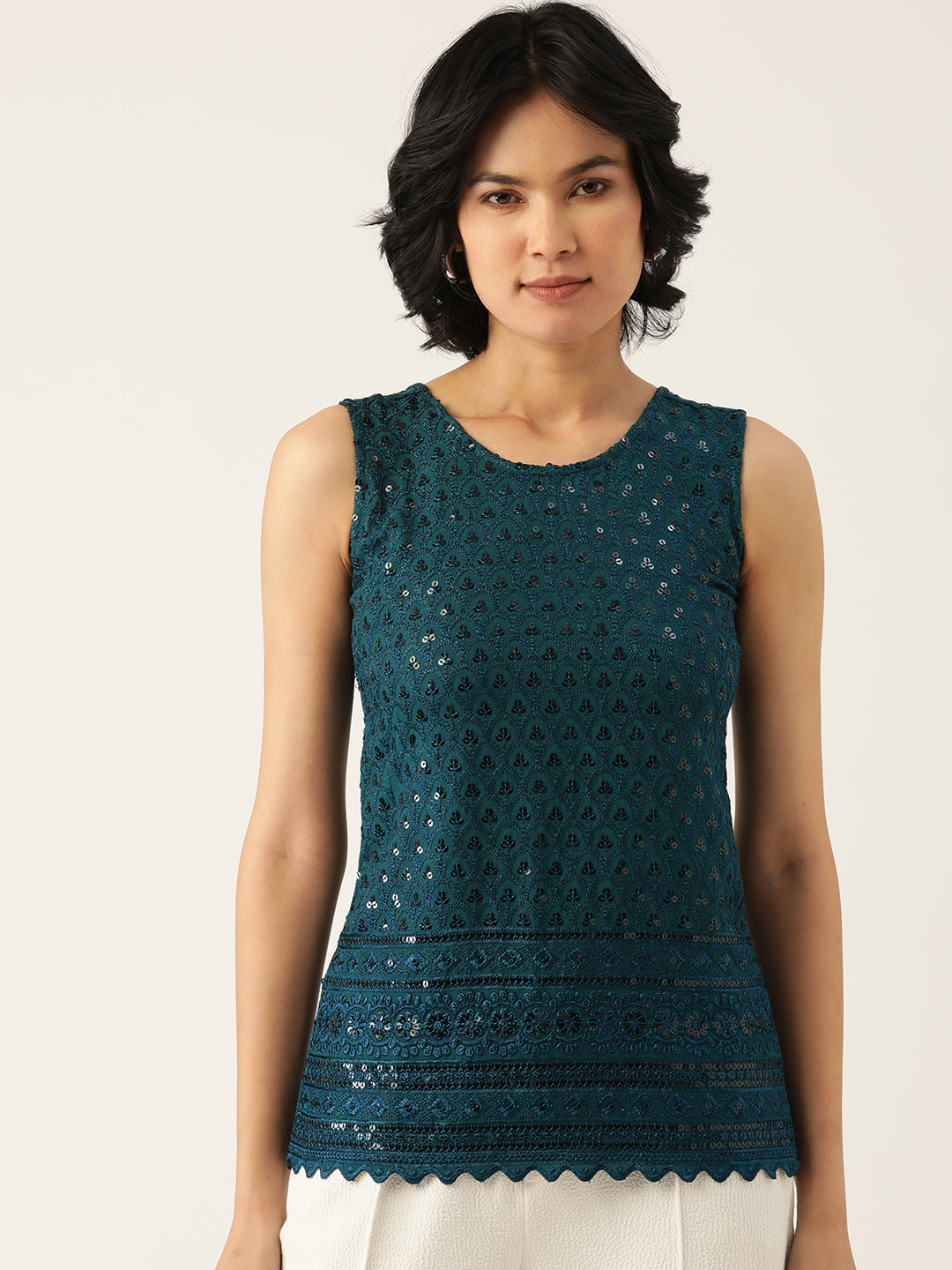 BRINNS Teal Green Embroidered Sequin Detail Tank Top