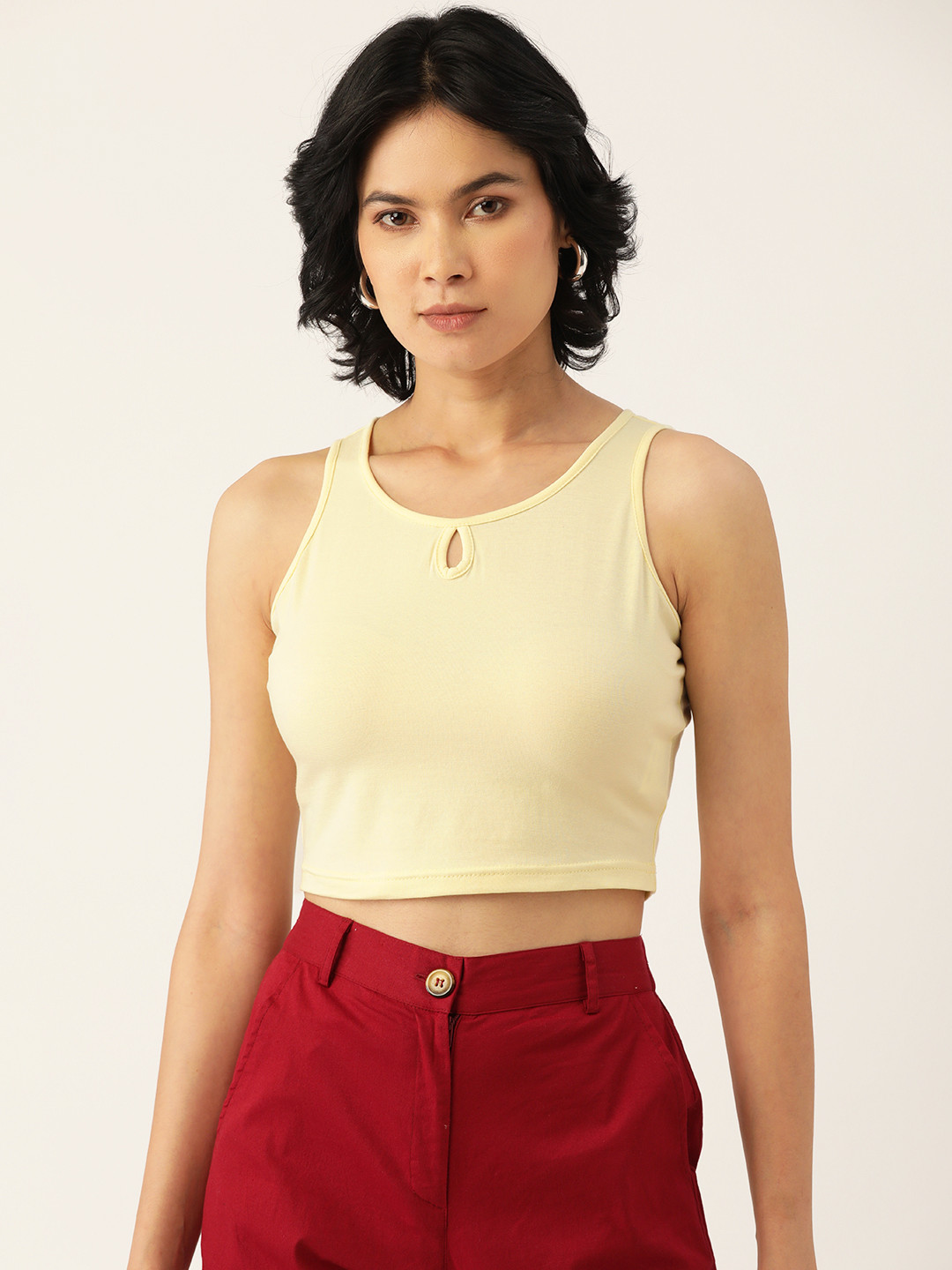 BRINNS Cream-Coloured Keyhole Neck Solid Crop Top