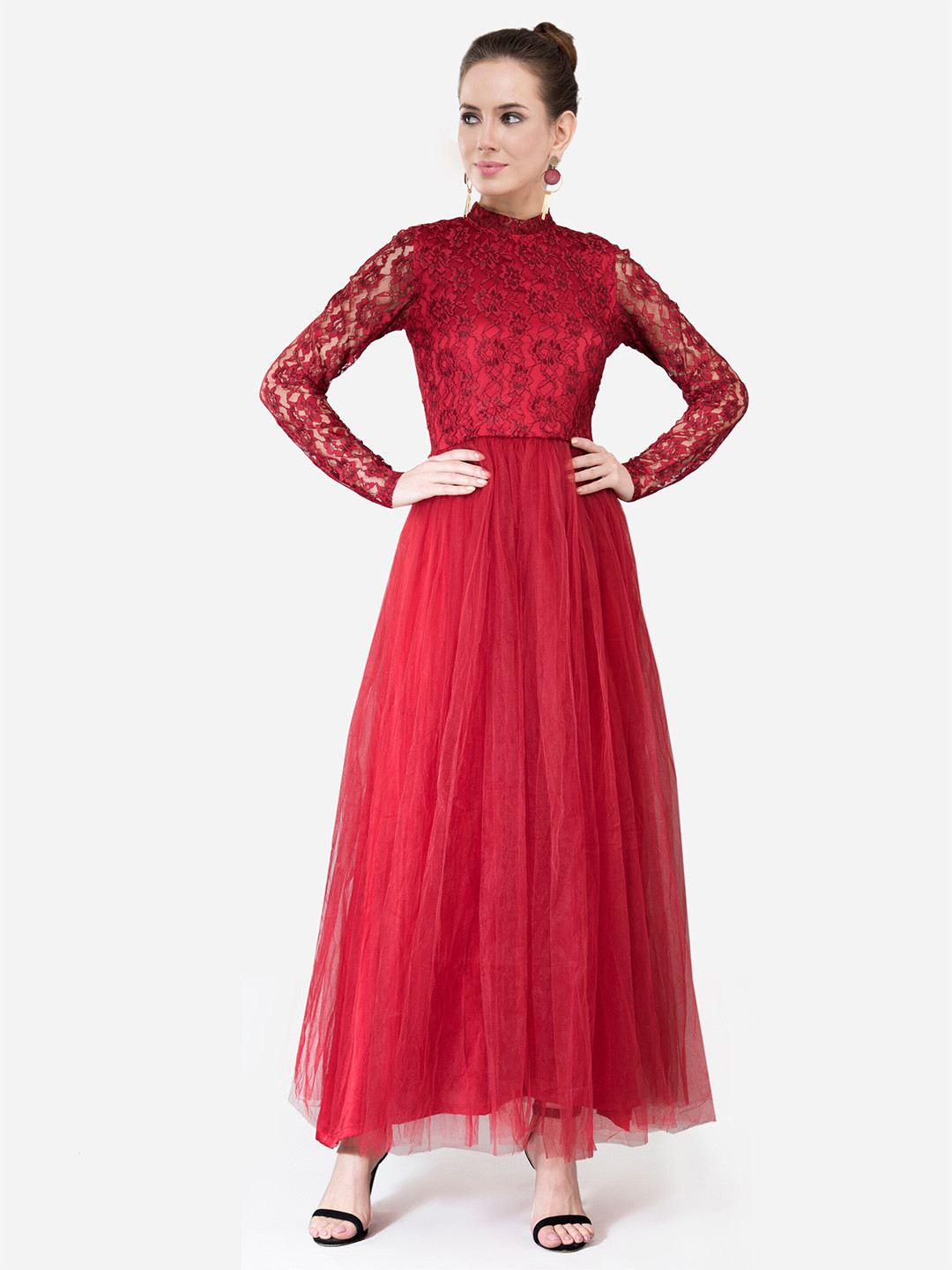 V&M Maroon & bright maroon Net Maxi Dress