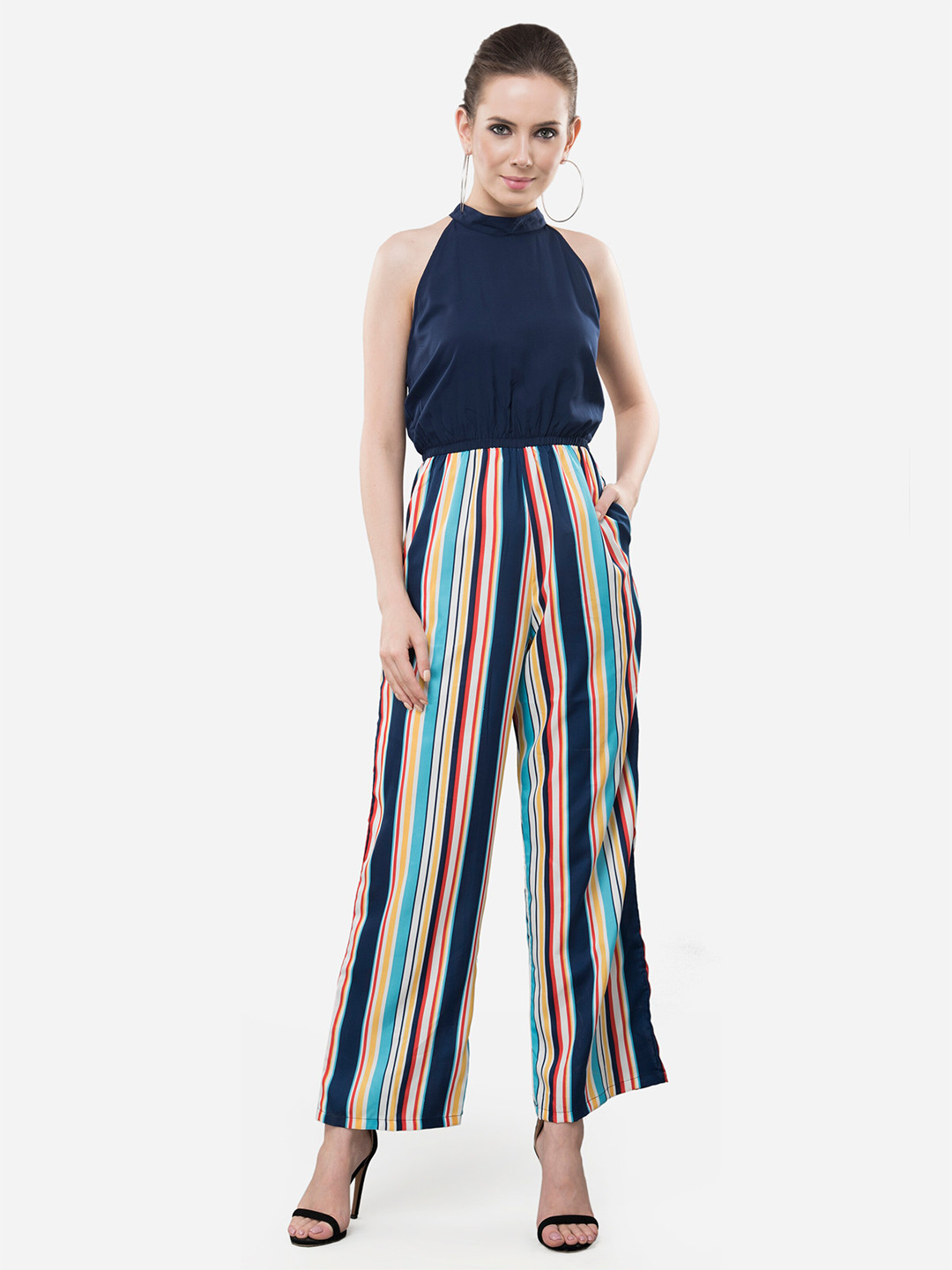V&M Navy Blue & Orange Halter Neck Striped Basic Jumpsuit