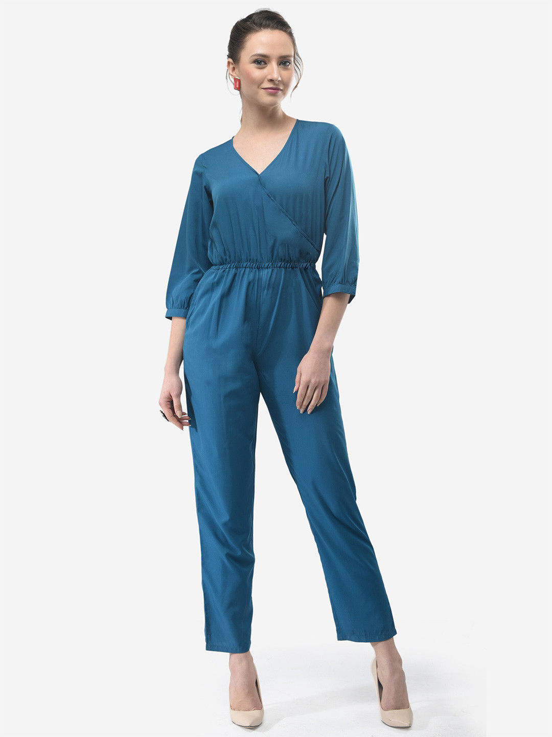 V&M Blue Solid Wrap Basic Jumpsuit