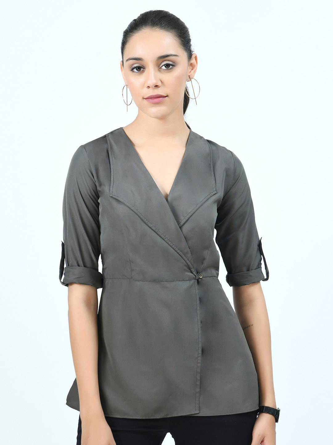 V&M Grey & goblin blue Roll-Up Sleeves Crepe Wrap Top