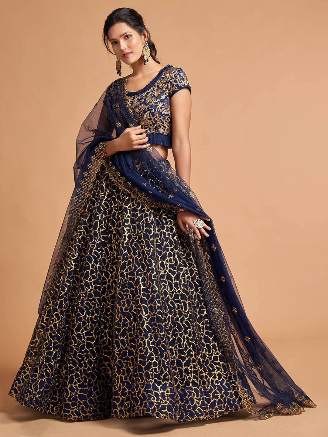 FABPIXEL Navy Blue & Gold-Toned Embroidered Kalamkari Semi-Stitched Lehenga & Unstitched Blouse With Dupatta