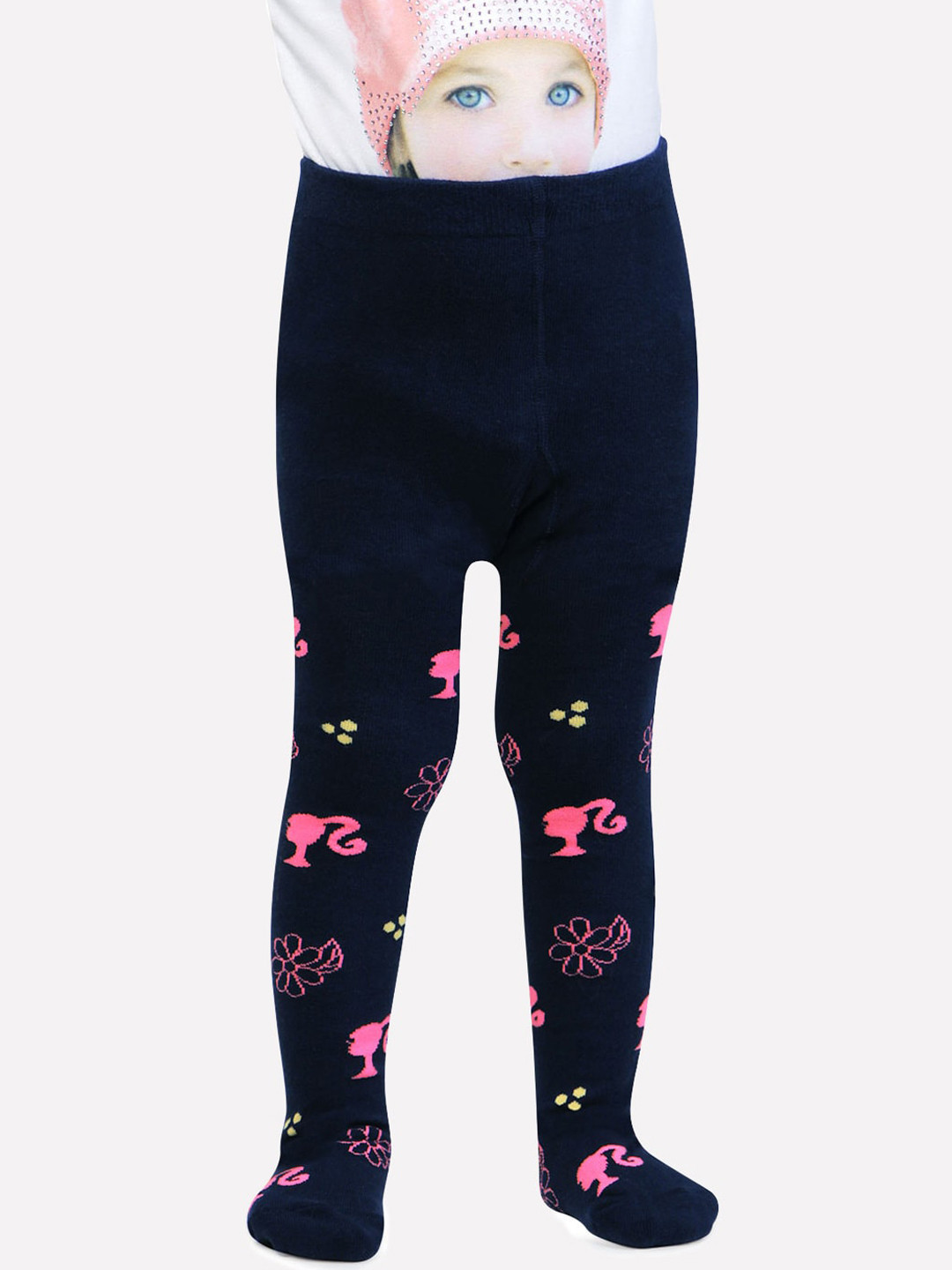 Bonjour Girls Navy Blue Barbie Printed Anti-Odour Cotton Tights