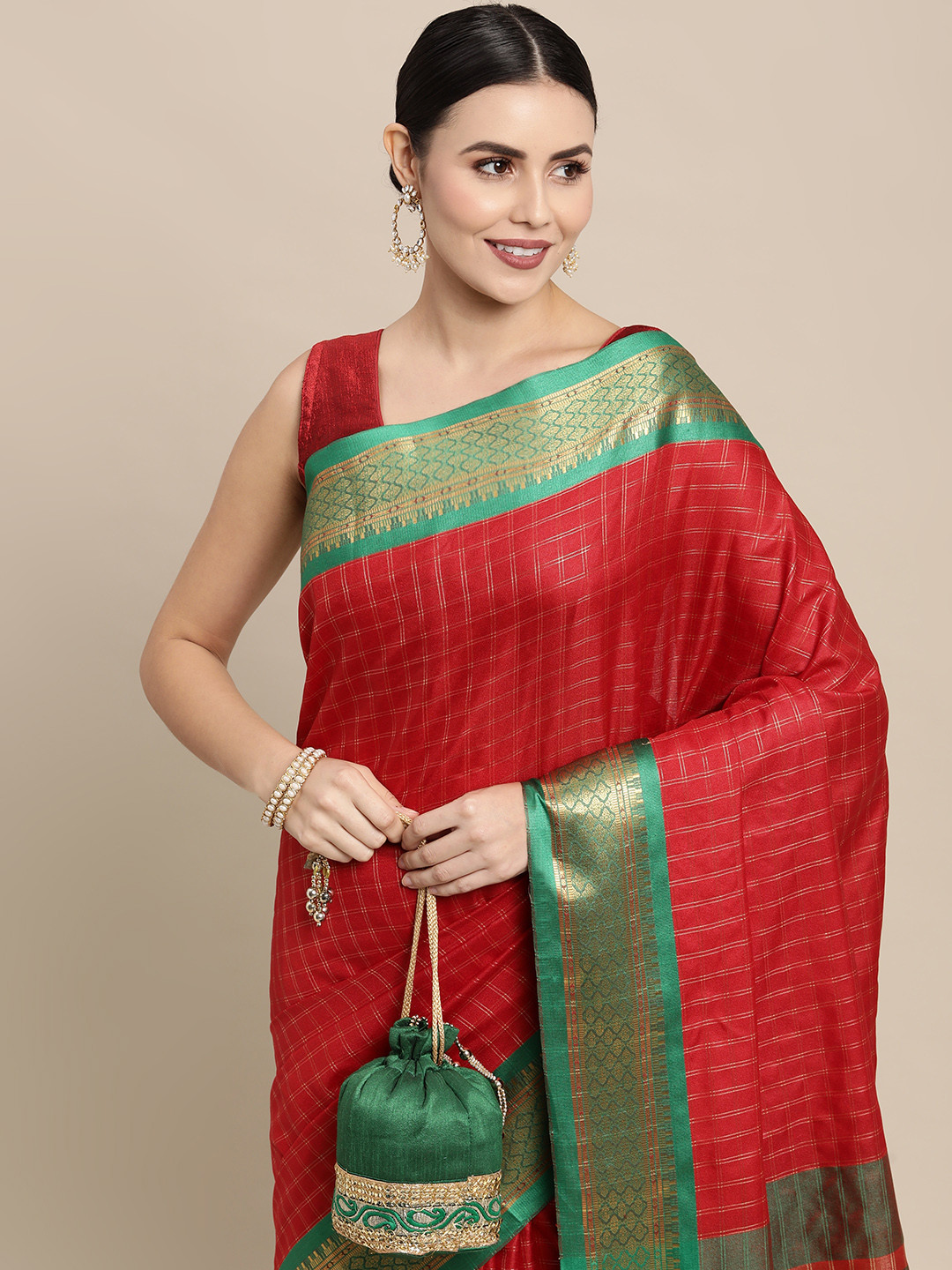KALINI Red & Sea Green Checked Zari Silk Cotton Saree