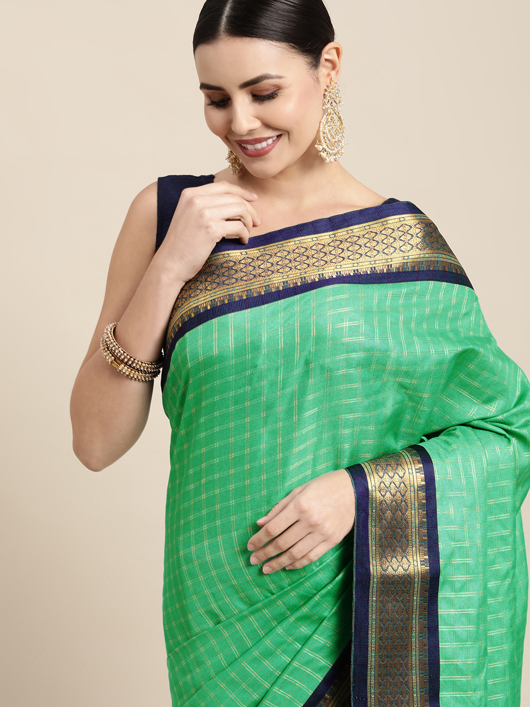 KALINI Sea Green & Navy Blue Checked Zari Silk Cotton Saree