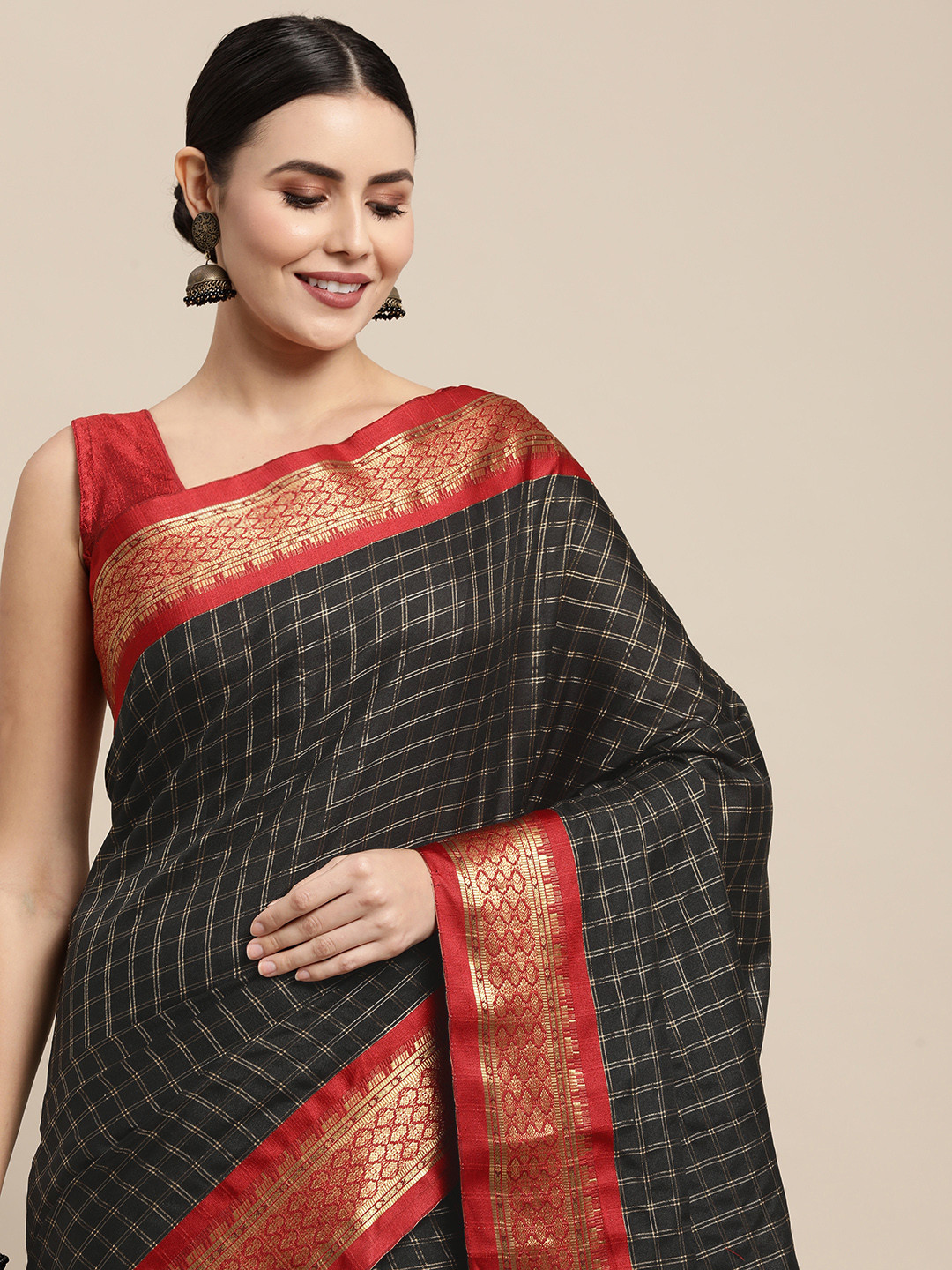 KALINI Black & Red Checked Zari Silk Cotton Saree
