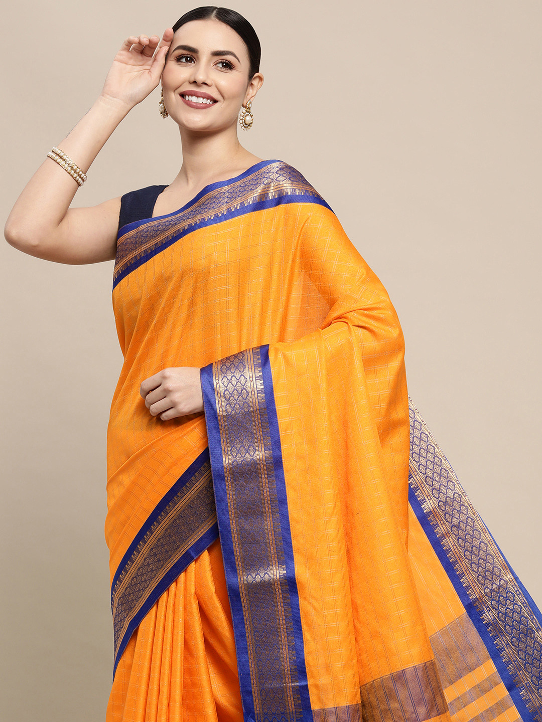 KALINI Orange & Navy Blue Checked Zari Silk Cotton Saree