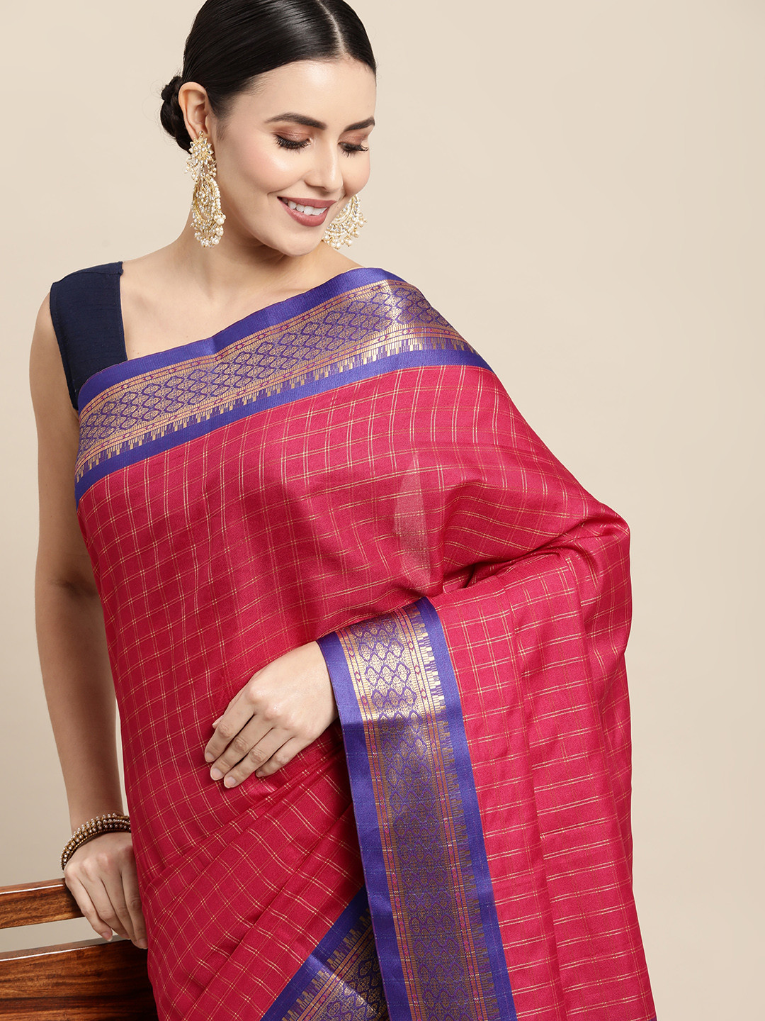KALINI Pink & Navy Blue Checked Zari Silk Cotton Saree