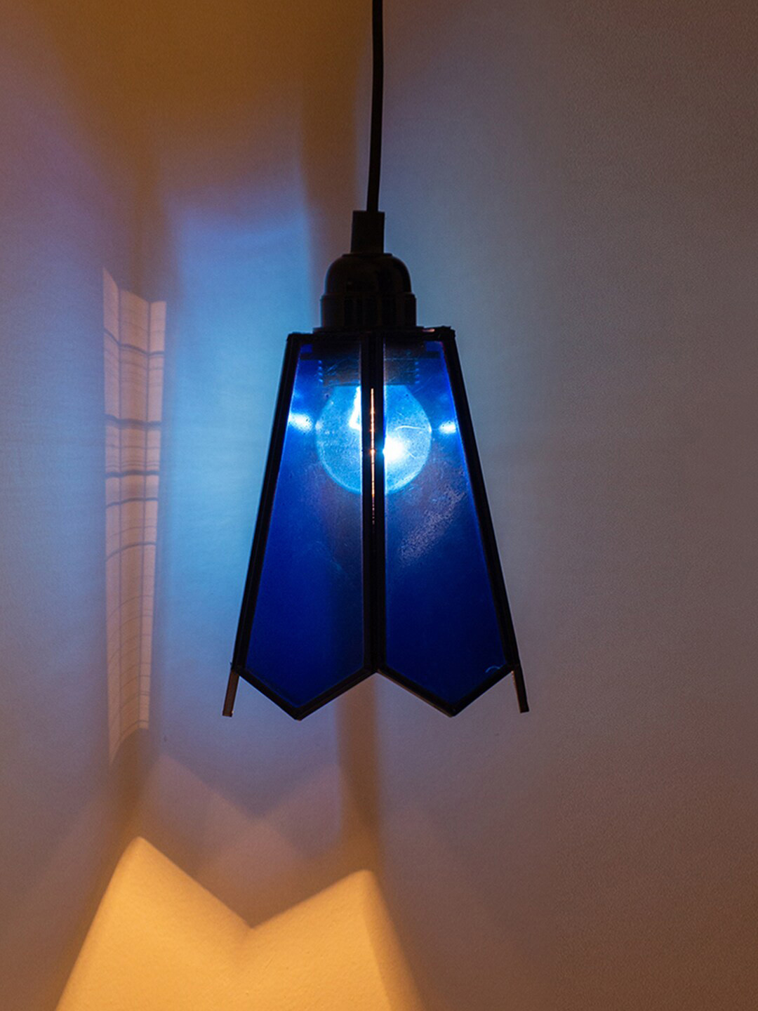 ExclusiveLane Navy Blue  Black Handcrafted Conical Hanging Glass Pendant Lamp
