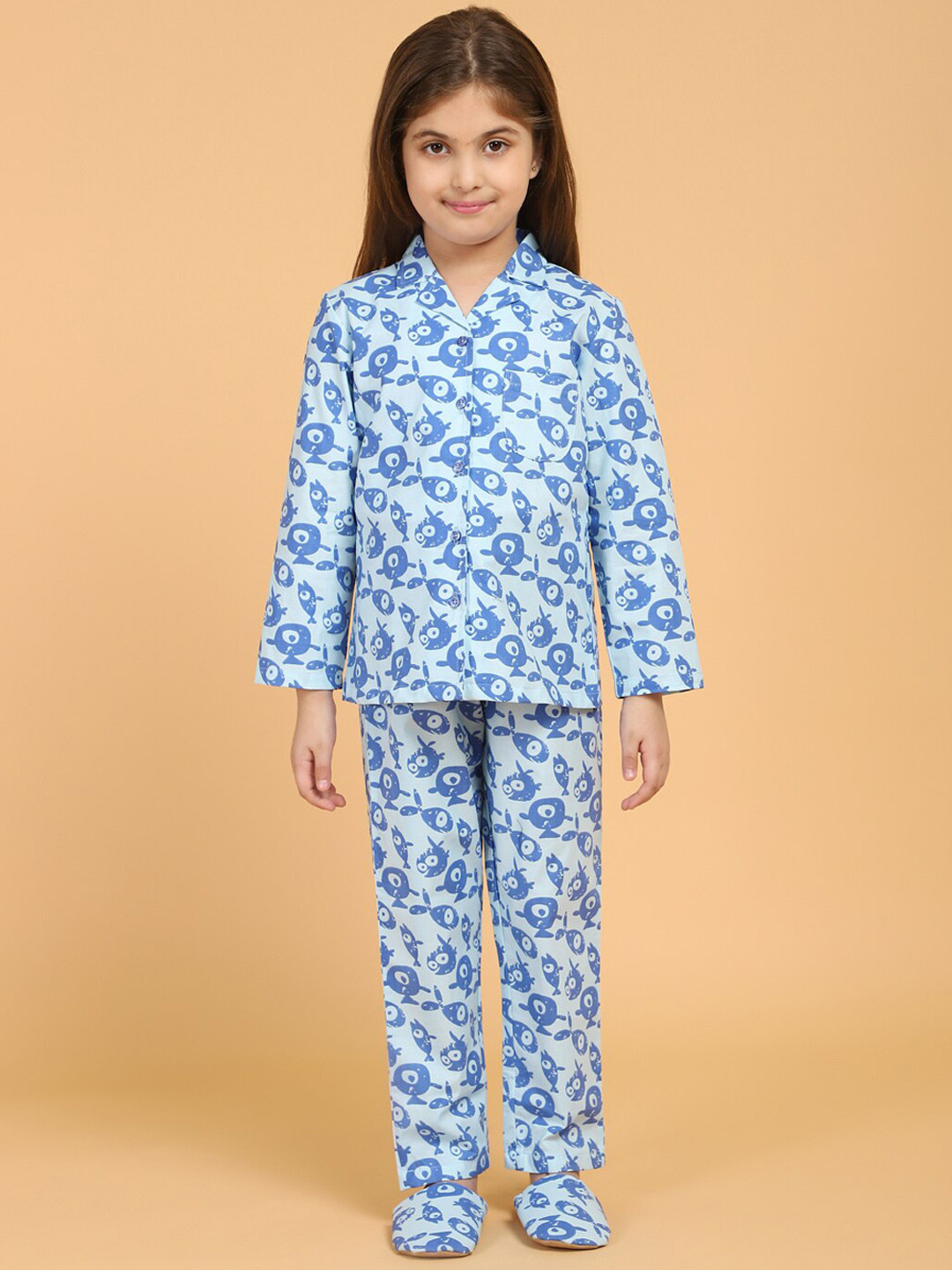 PICCOLO Girls Blue & White Printed Night suit