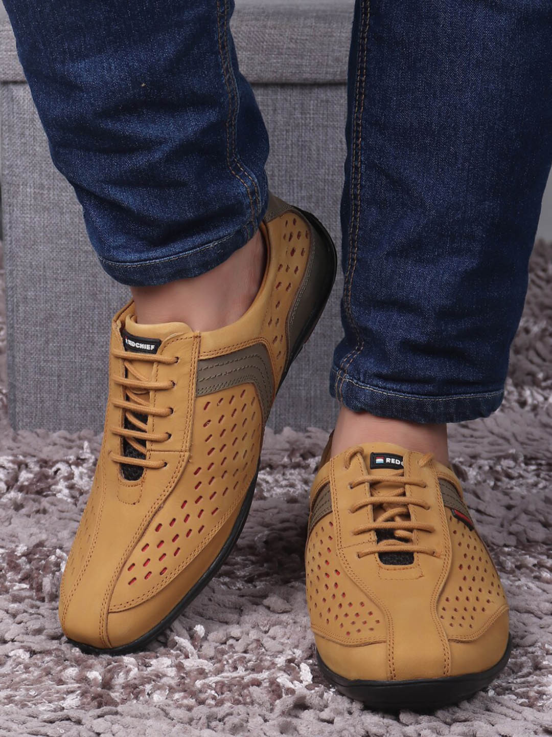 Red Chief Men Rust Textured Leather Sneakers