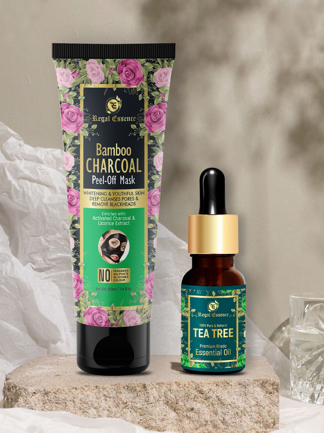 Regal Essence Set of 2 Bamboo Charcoal Peel off Mask & Tea Tree Essential Oil