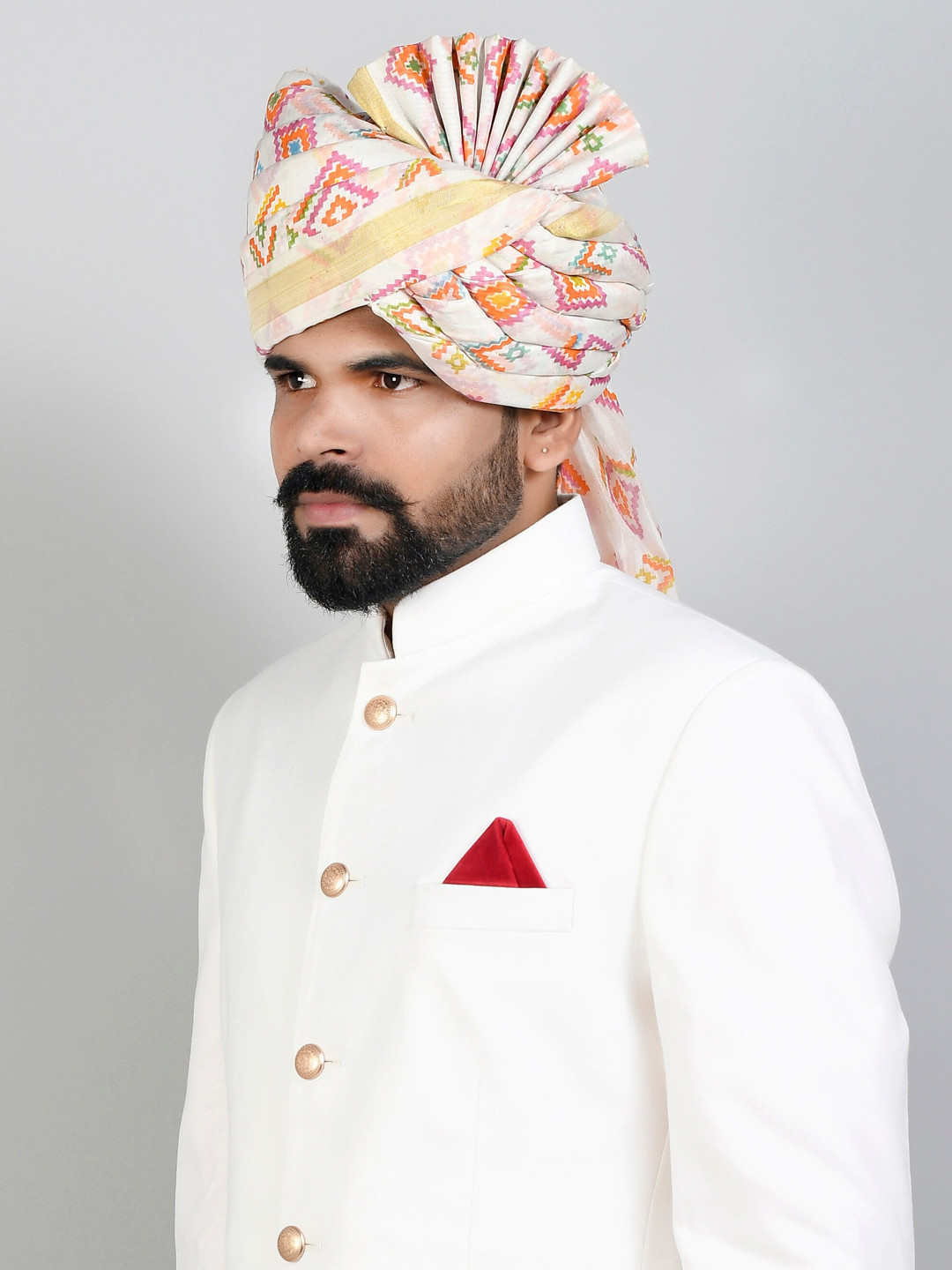 Silvermerc Designs Men White Printed Wedding Turban