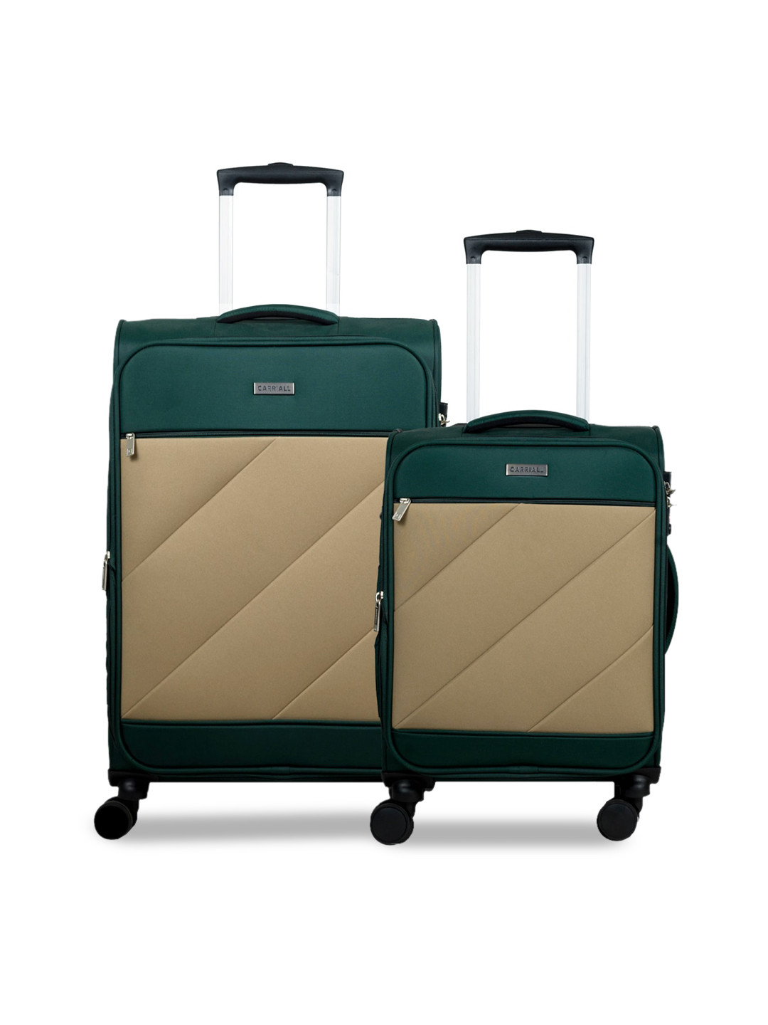 CARRIALL Set Of 2 Green & Beige Colourblocked Soft-Sided Trolley Suitcases