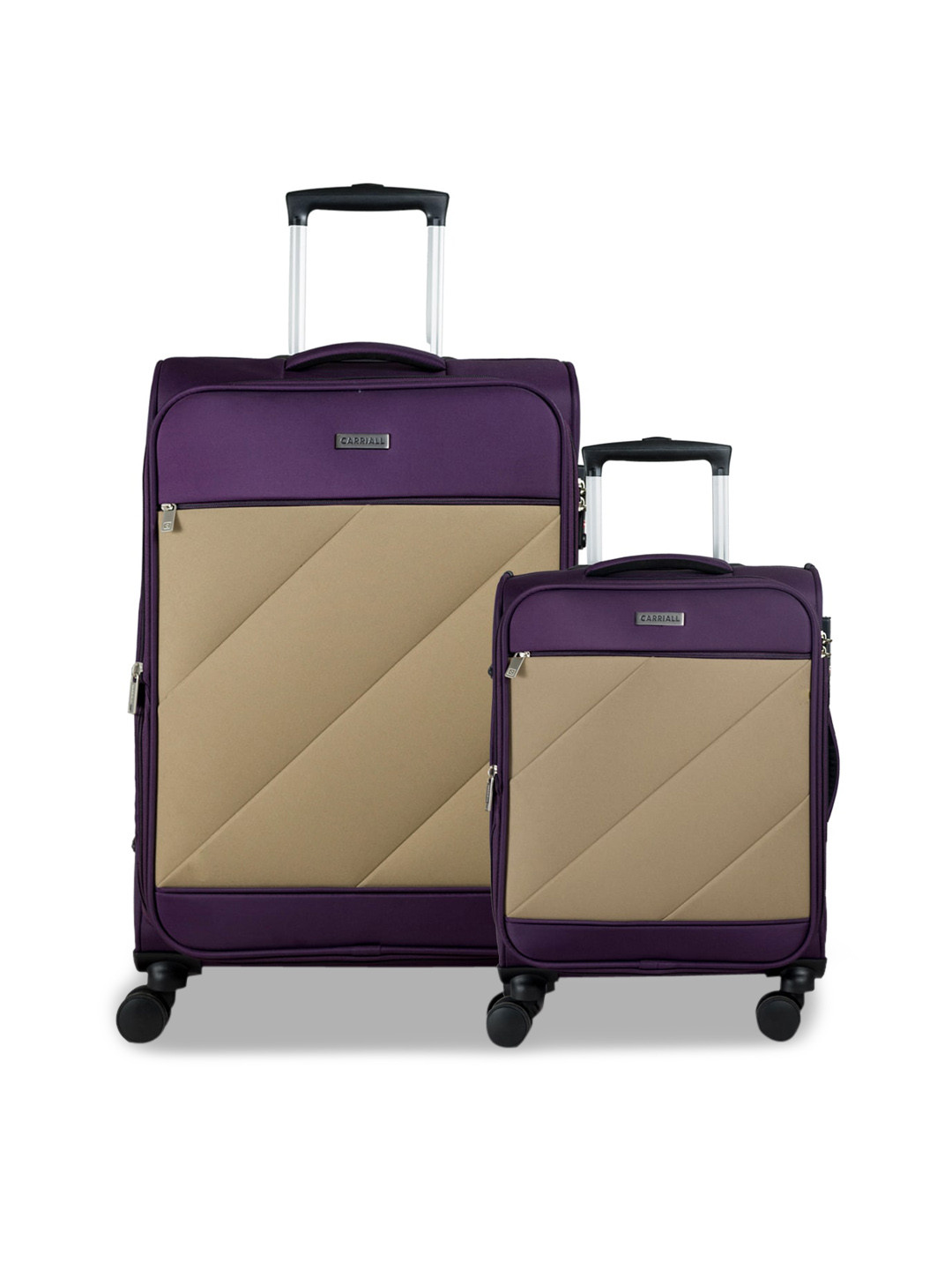 CARRIALL Set Of 2 Purple & Beige Colourblocked Soft-Sided Trolley Suitcases