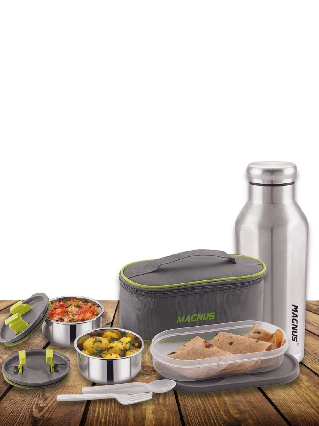 MAGNUS Grey Solid Stainless Steel Dishwasher Safe 5PCs Lunch Box With Spoon and Fork