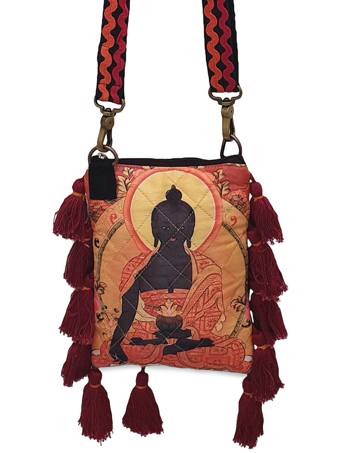 The House of Tara Multicoloured Ethnic Motifs Embellished Sling Bag with Tassells