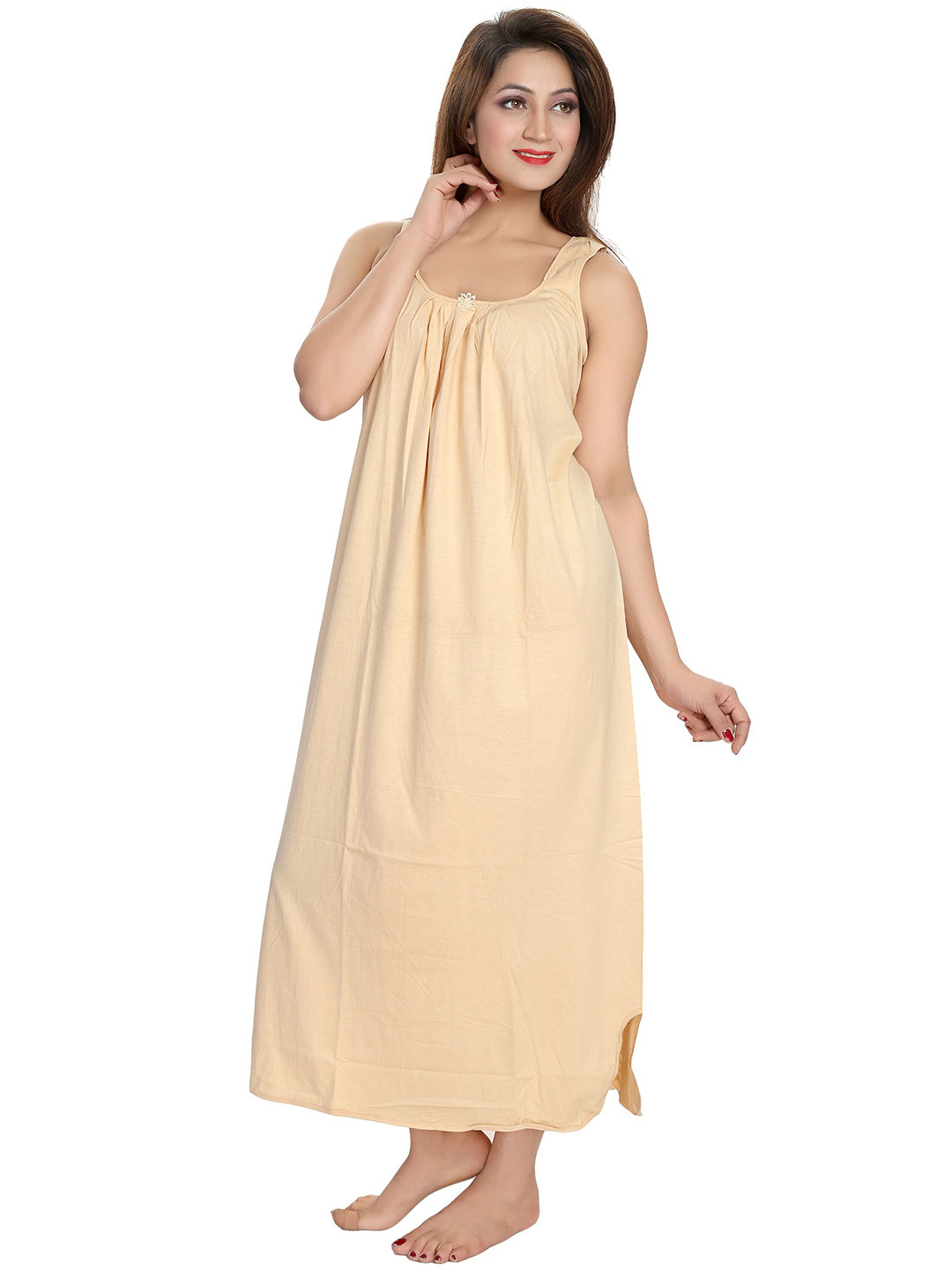 Inner Beats Beige Solid Cotton Maxi Nightdress