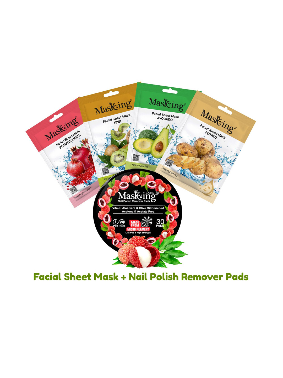 MasKing Set of 4 Natural Facial Sheet Mask 20g Each with Litchi Nail Polish Remover Pads