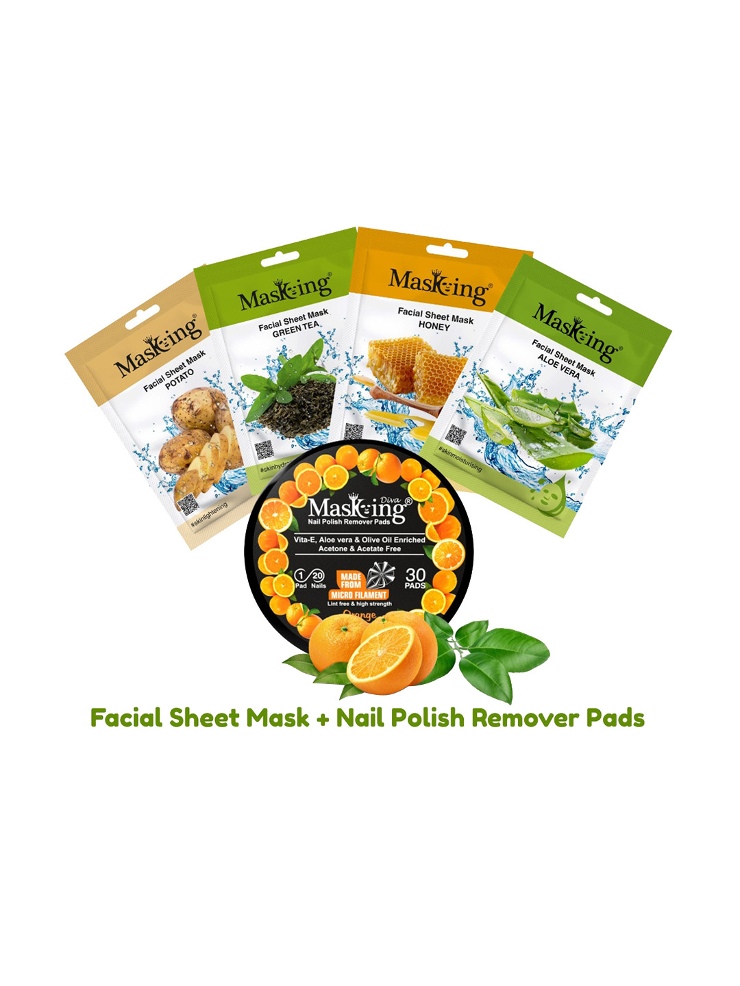 MasKing Set of 4 Brightening Facial Masks with Orange Nail Polish Remover Pads