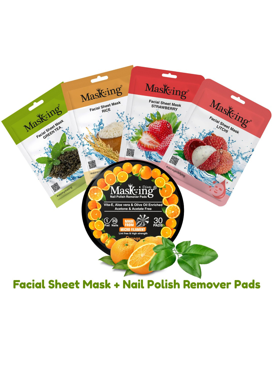 MasKing Set Of 4 Deep Cleansing Facial Sheet Mask & Orange Nail Polish Remover Combo