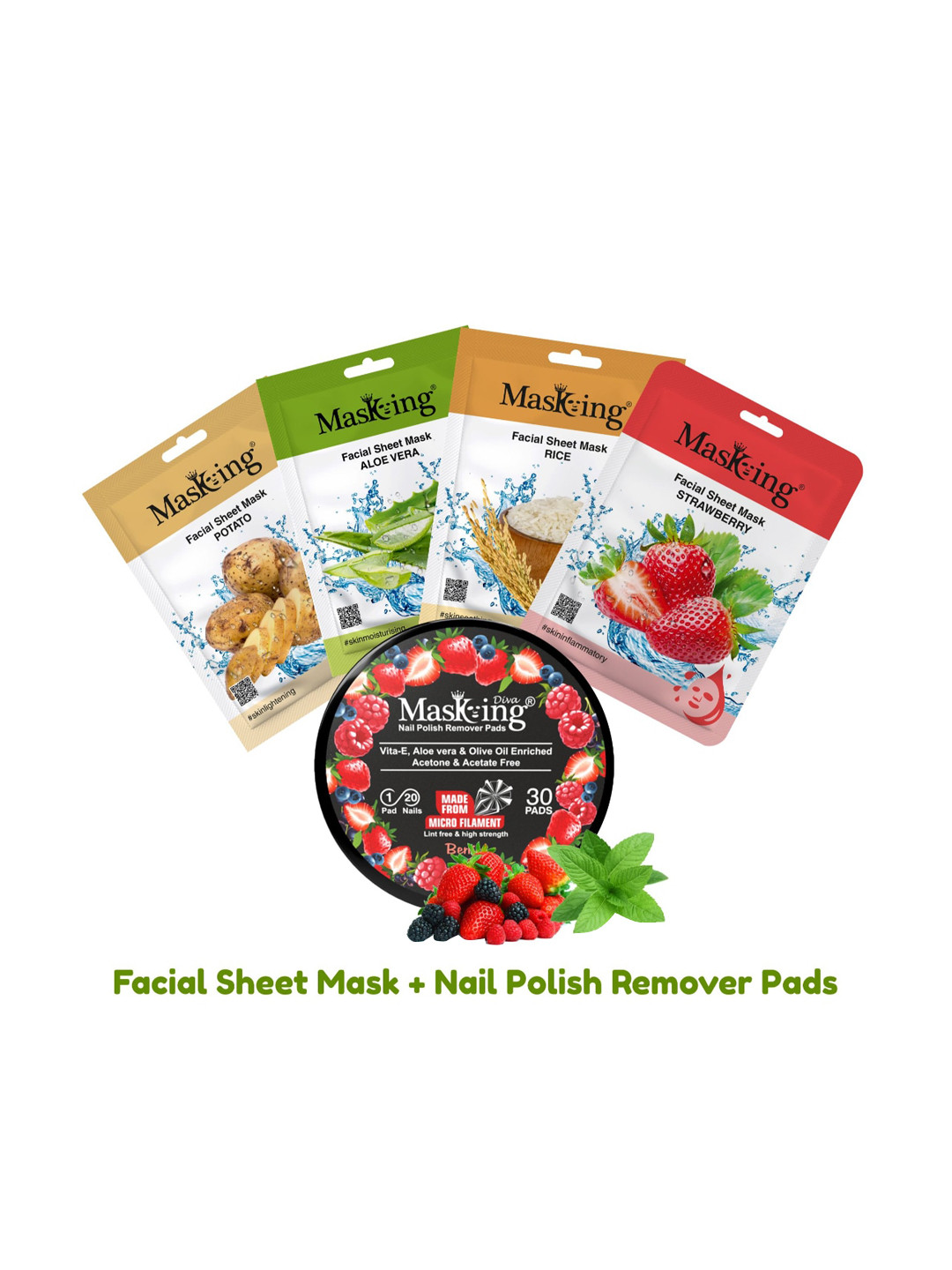 MasKing Set of 4 Radiance & Glow Facial Masks with Berries Nail Polish Remover Pads