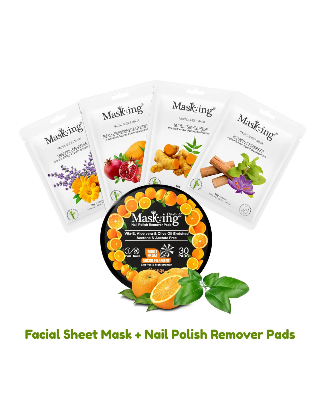 MasKing Set of Nail Polish Remover Pads - 30 Pads & 4 Facial Sheet Mask 20 g Each