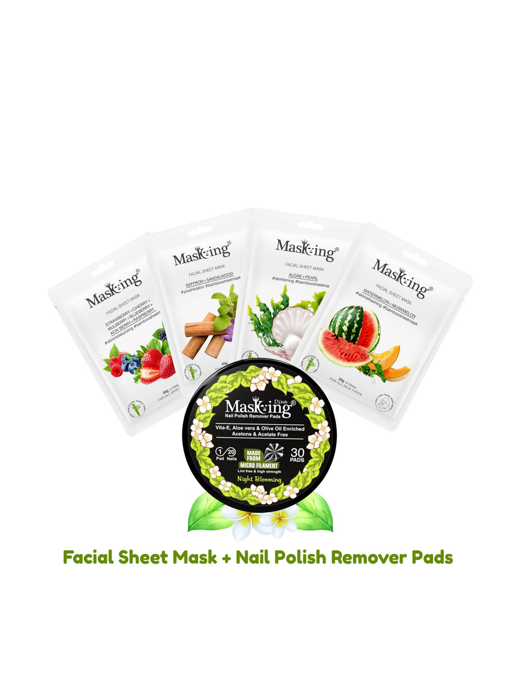 MasKing Set of 4 Bamboo Facial Sheet Masks 20g each with Nail Polish Remover Pads