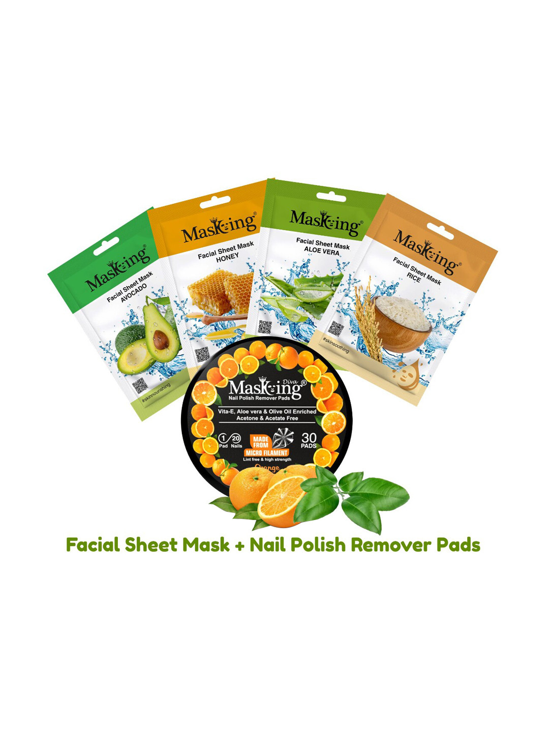 MasKing Set of 4 Skin Glowing Facial Masks with Orange Nail Polish Remover Pads