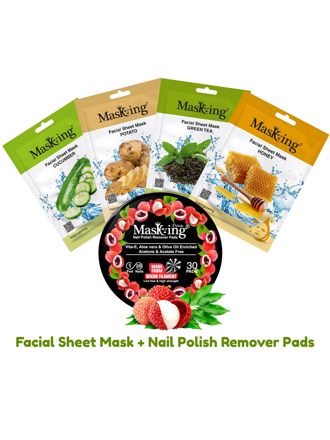 MasKing Set of 4 Natural Facial Sheet Mask 20g Each with Litchi Nail Polish Remover Pads