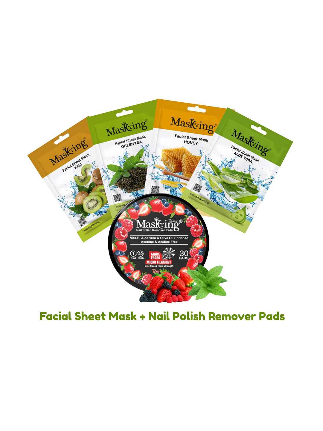 MasKing Set of 4 Skin Glowing Facial Masks with Berries Nail Polish Remover Pads