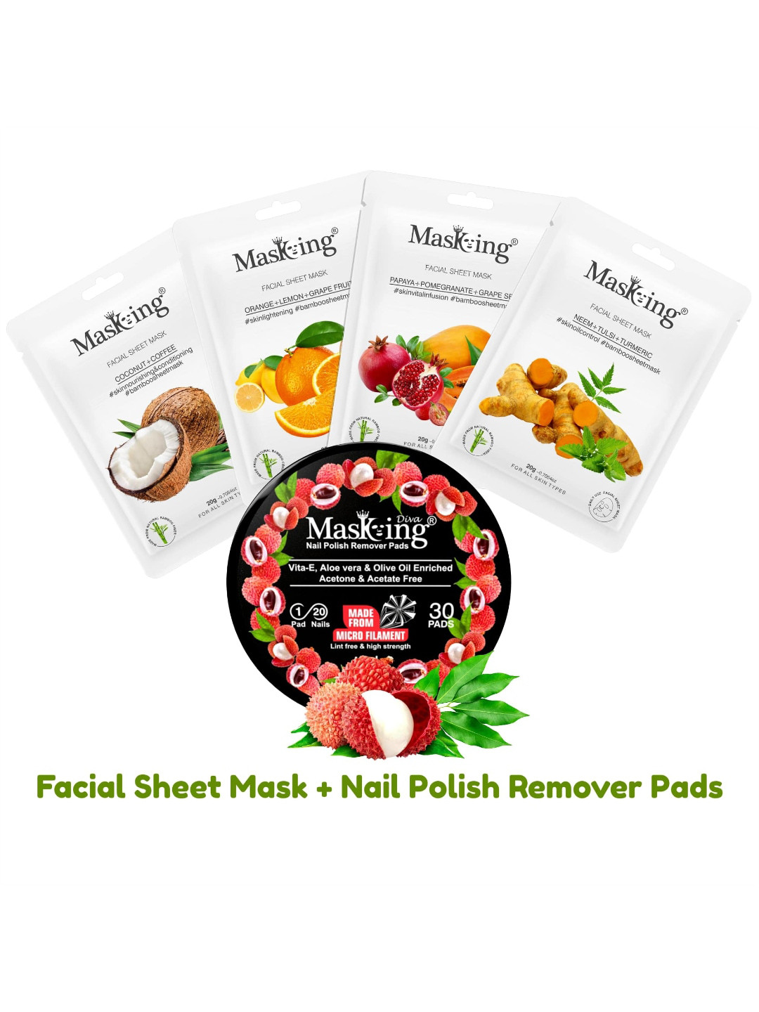 MasKing Set of 4 Bamboo Facial Sheet Masks 20g each with Litchi Nail Polish Remover Pads