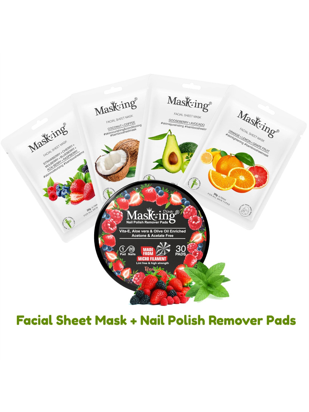 MasKing Pack of 4 Soothing Facial Mask and Nail Polish Remover Combo