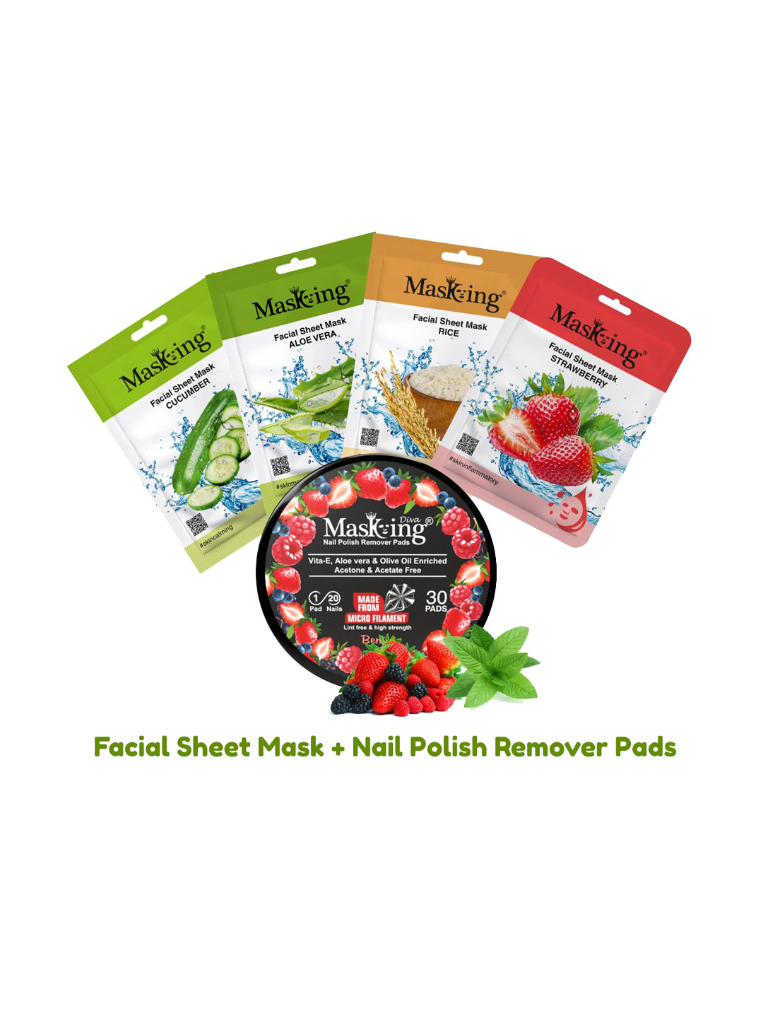 MasKing Pack of 4 Glowing Sheet Masks & 1 Berries Nail Polish Remover Wipes