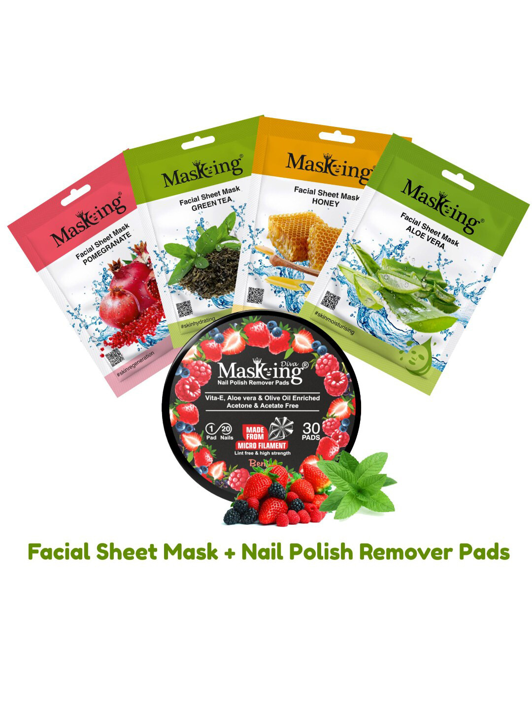 MasKing Pack of 4 Natural Glow Facial Mask and Nail Polish Remover Combo