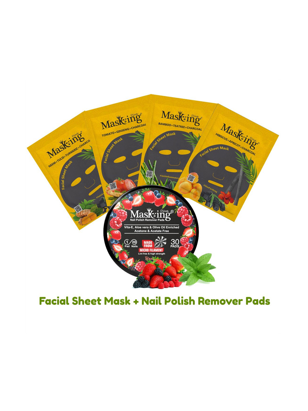 MasKing Set of 4 Charcoal Facial Sheet Mask 20g Each with Berries Nail Polish Remover Pads