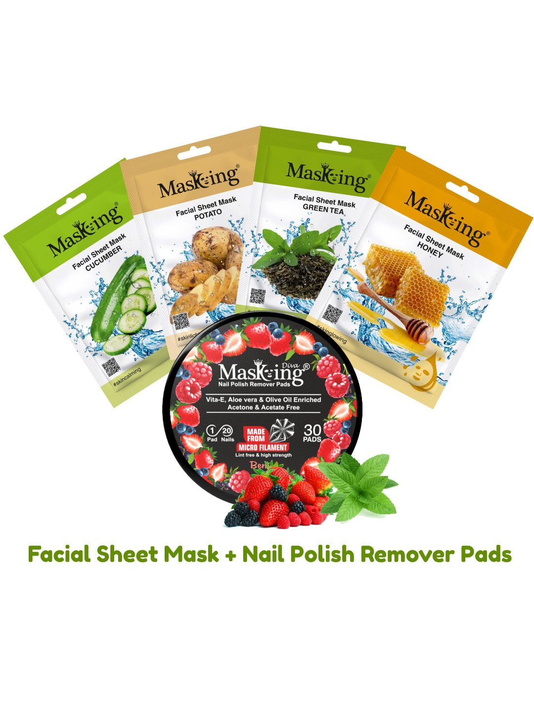 MasKing Set of 4 Refreshing Facial Masks with Berries Nail Polish Remover Pads