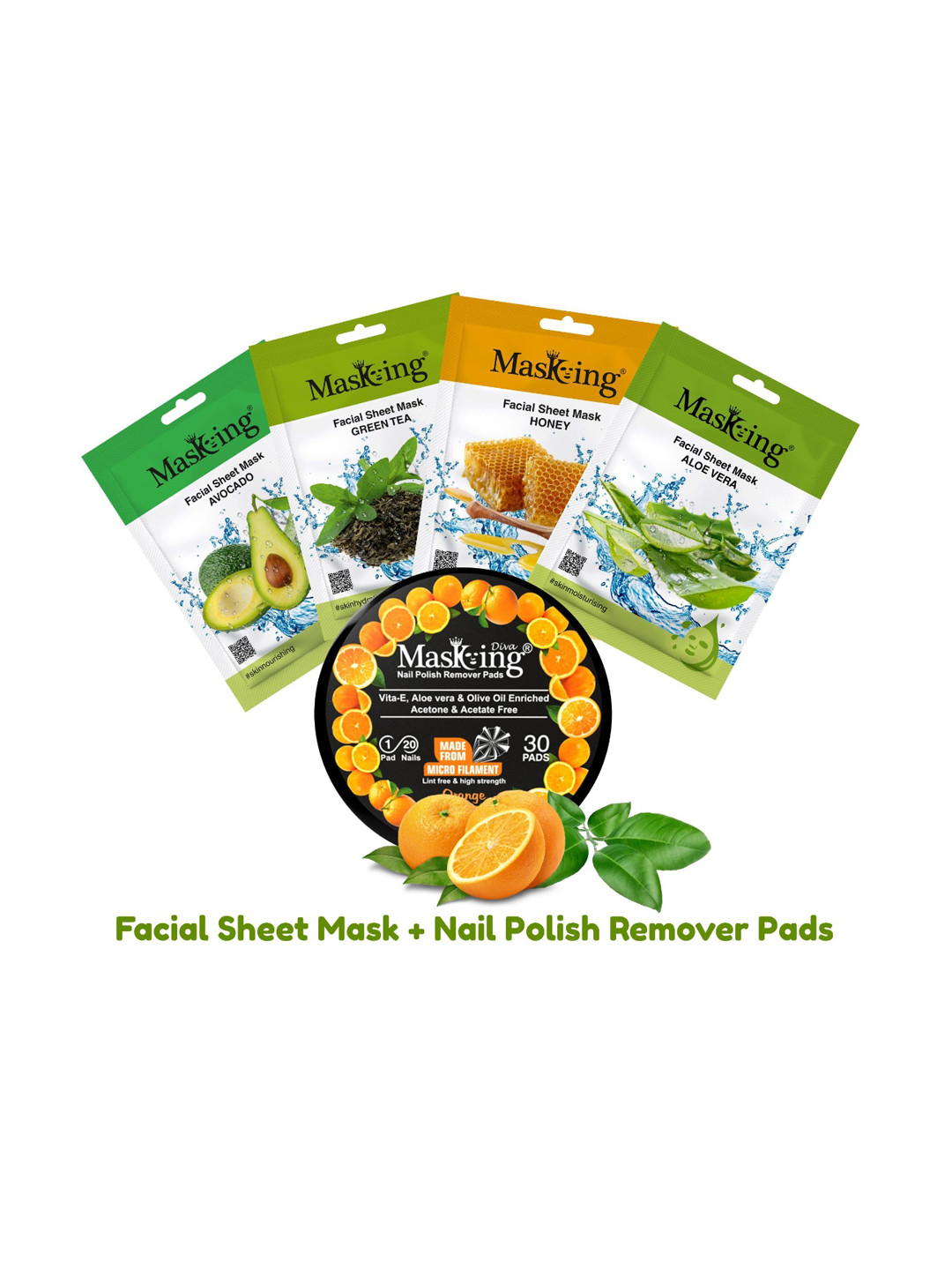 MasKing Set of Nail Polish Remover Pads - 30 Pads & 4 Facial Sheet Mask 20 g Each