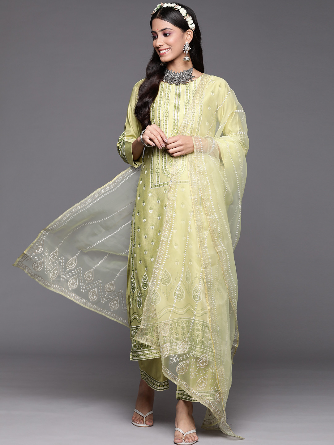 Indo Era Women Green Floral Printed Liva Kurta with Palazzos & With Dupatta