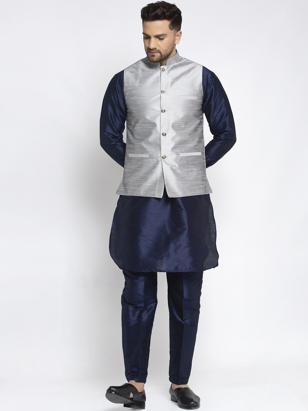 Kaifoo Men Navy Blue & Silver Kurta with Pyjamas